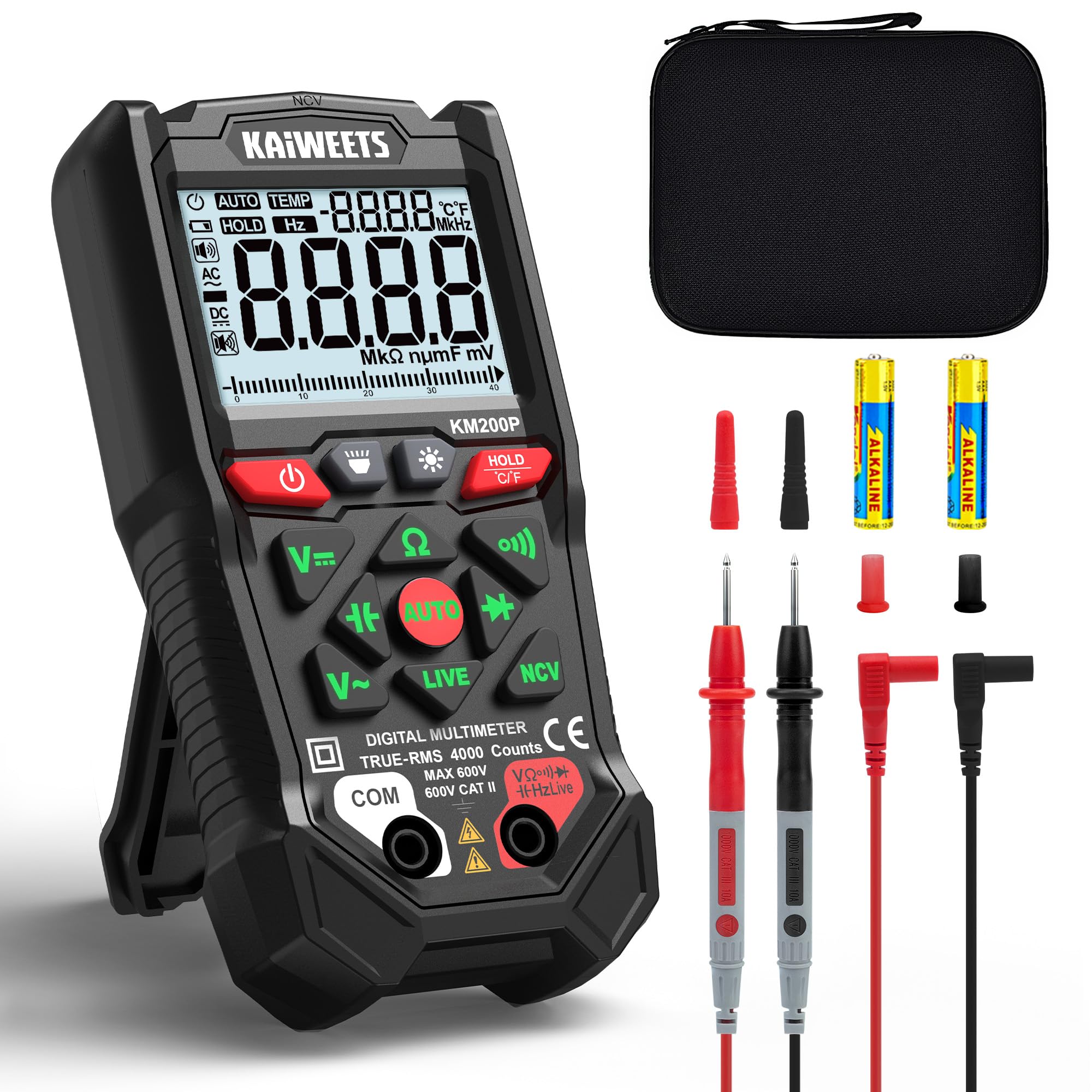 Multímetro Digital KAIWEETS con Control por Botones, 4000 Cuentas, Selección Automática de Rango, TRMS, Función NCV y Prueba de Cable Vivo, Mide Tensión CA/CC, Resistencia, Continuidad y Capacidad