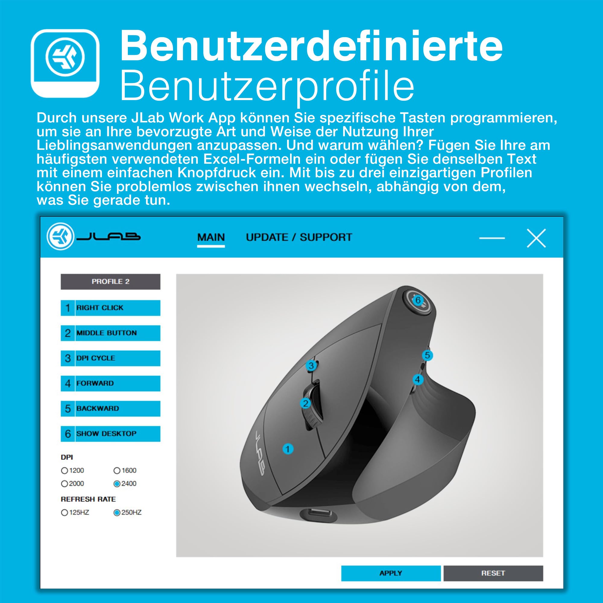 JLab JBuds Ergonomische Wireless Mouse, Verbindung über Bluetooth oder USB für mehrere Geräte, vertikale Maus kabellos, Silent Mouse, wiederaufladbare Funkmaus für Laptop, PC, Tablet, Windows/Mac
