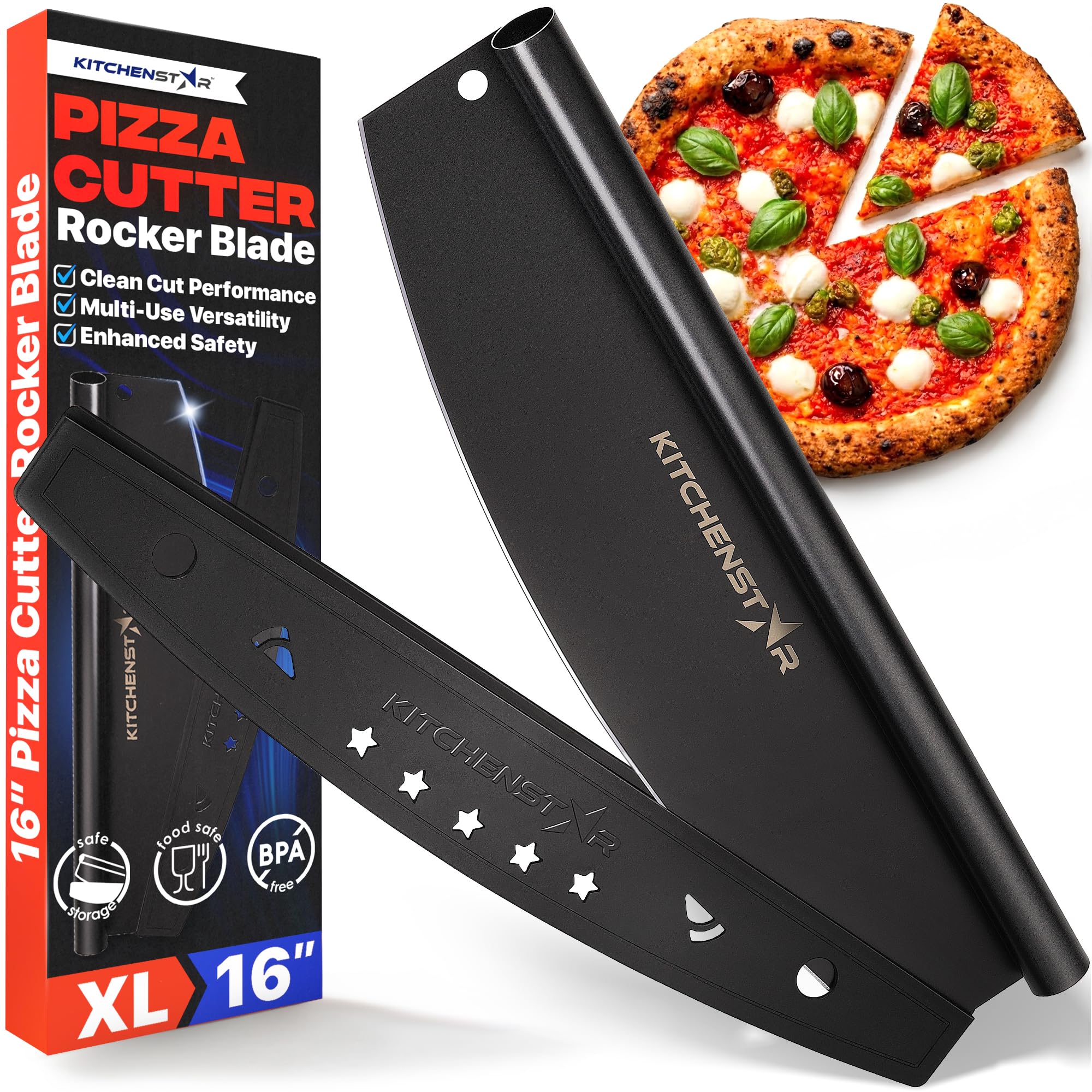16-Inch Pizza Cutter Rocker Blade, 304 Stainless Steel Slicer Knife, Black