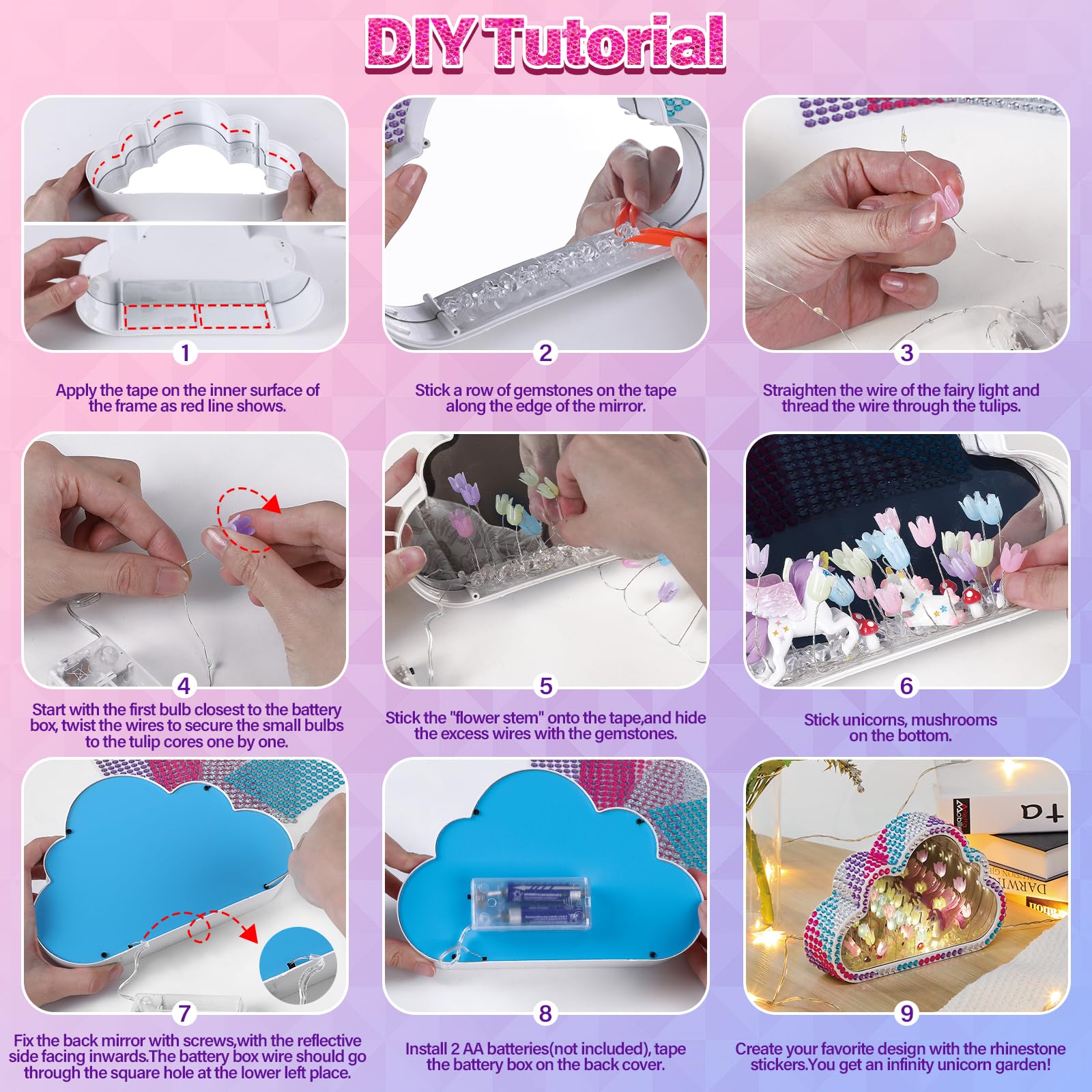 Highttoy Kit Manualidades Niñas, Crear Lámpara Espejo Tulipán Infinita Unicornio 2 en 1, Kit Creativo DIY Luz Nocturna Espejo Nube, Manualidades Niñas 7 8 9 10 Años, Regalo Niña 7-12 Años