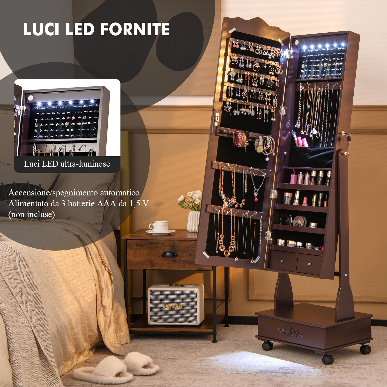Armadietto Portagioie Con Specchio E Luci LED - In Legno Con 108 Slot Per Orecchini | Sospeso O Da Parete