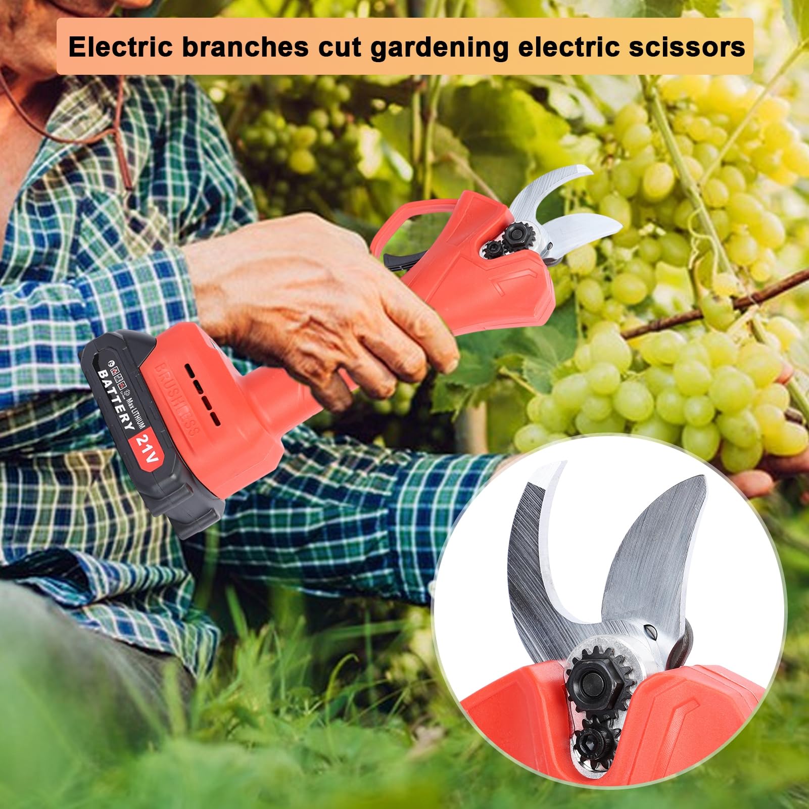Forbici da potatura elettriche da 21 V, forbici professionali a batteria con lama affilata, forbici per ramoscelli elettrici, cesoie per rami con 2 batterie ricaricabili EU