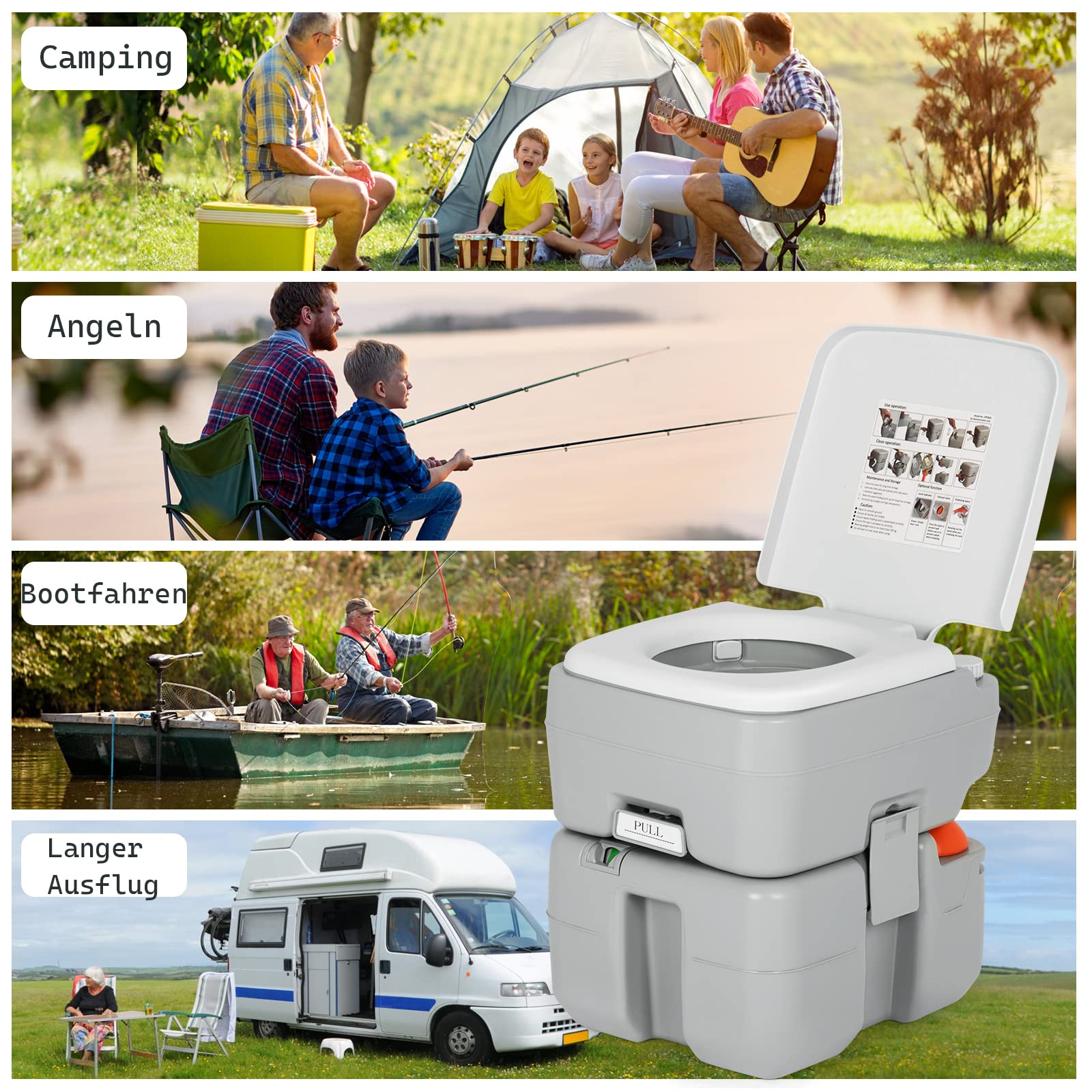 COSTWAY 20+10L Campingtoilette mit abnehmbarem Abwassertank & Wasserstandsanzeige, Campingklo tragbar, Reisetoilette bis 200 kg belastbar, Mobile Toilette für Reise, Camping und Wohnmobil