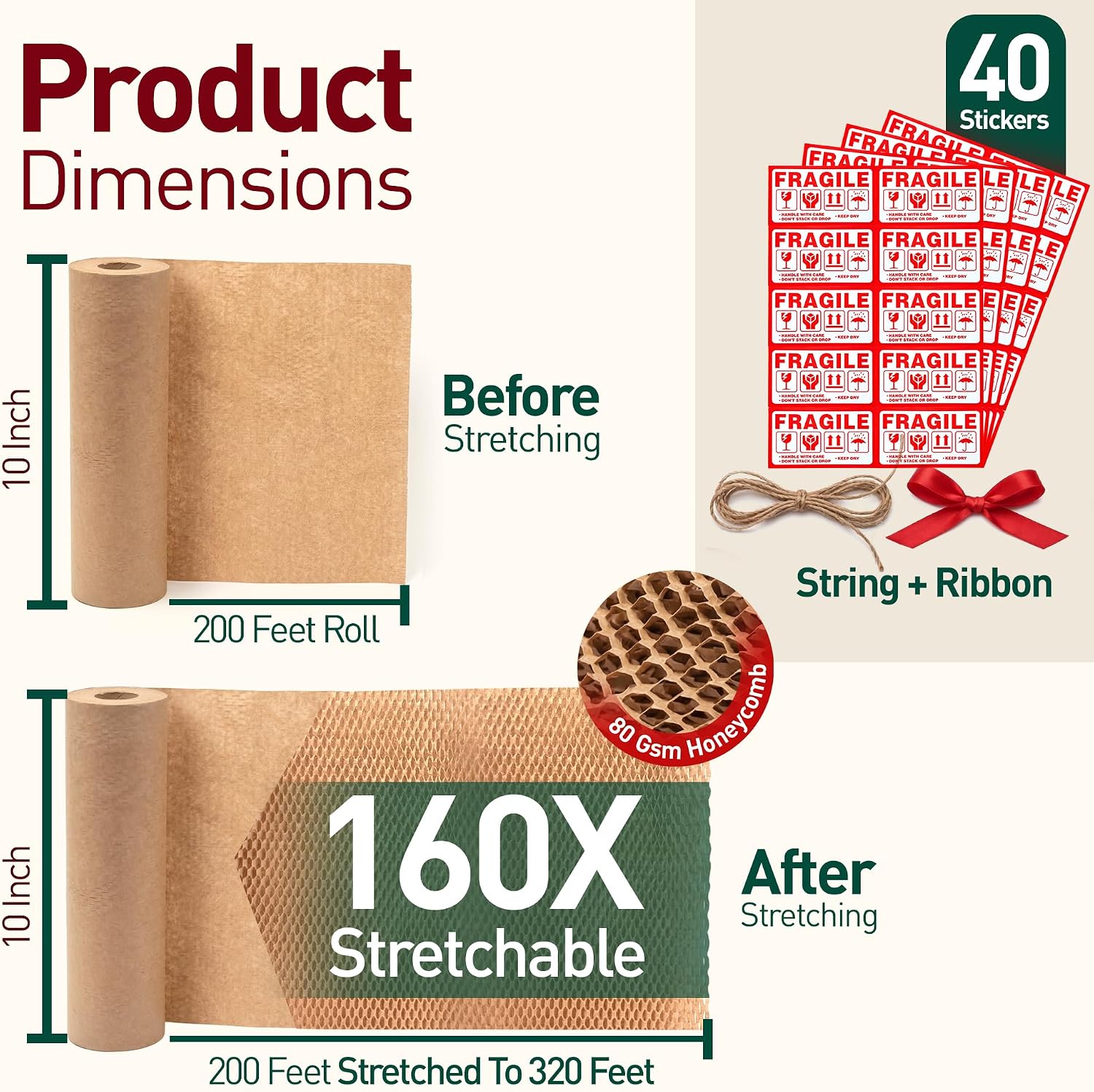 Honeycomb Packing Paper, 10 Inch x 200 FT – Eco-Friendly Recyclable Cushioning Wrap Roll for Moving & Shipping, Bubble Wrap Alternative with Rope, Ribbon & 40 Fragile Stickers image 2