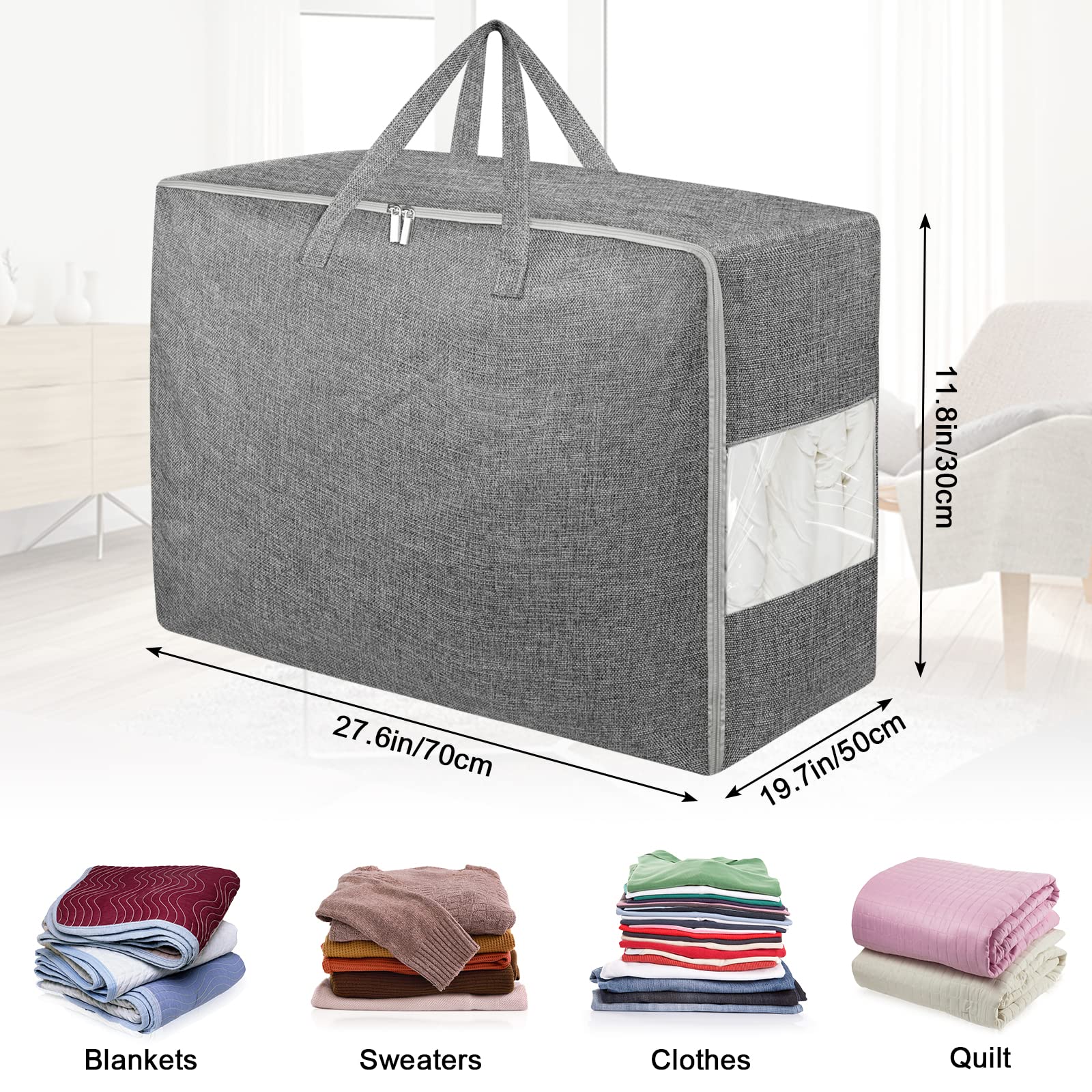 Paquete de 3 bolsas de almacenamiento extragrandes de 105 litros, bolsas de almacenamiento plegables para edredón y mantas, organizadores de armario y contenedores de almacenamiento para ropa con asas