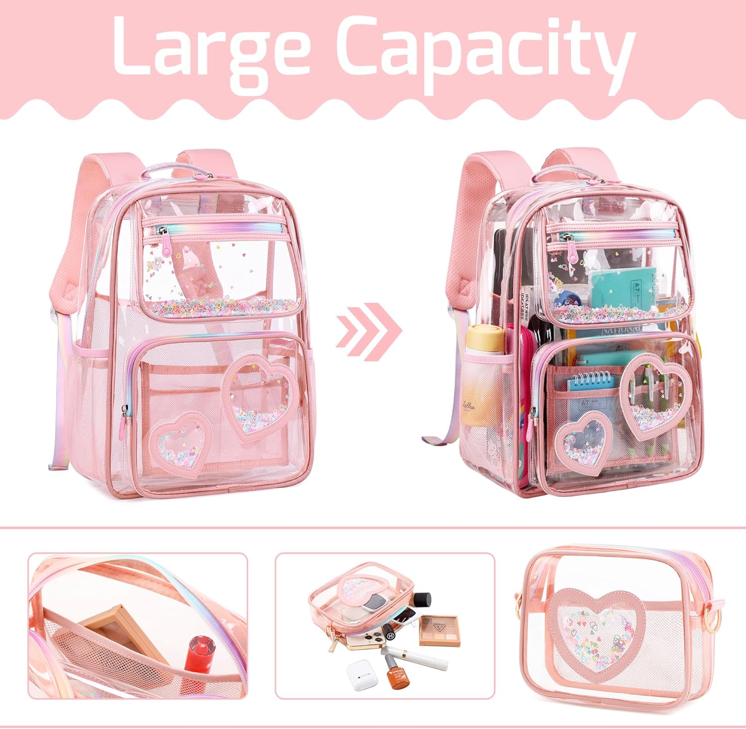 Clear Backpack for Girls,Transparent Backpacks Crossbody Bag for Kids Elementary School Student,Heavy Duty See Through Daypack 2PCS Bookbag Stadium Approved for Teen,College,Work,Travel,Concert Pink - Image 4