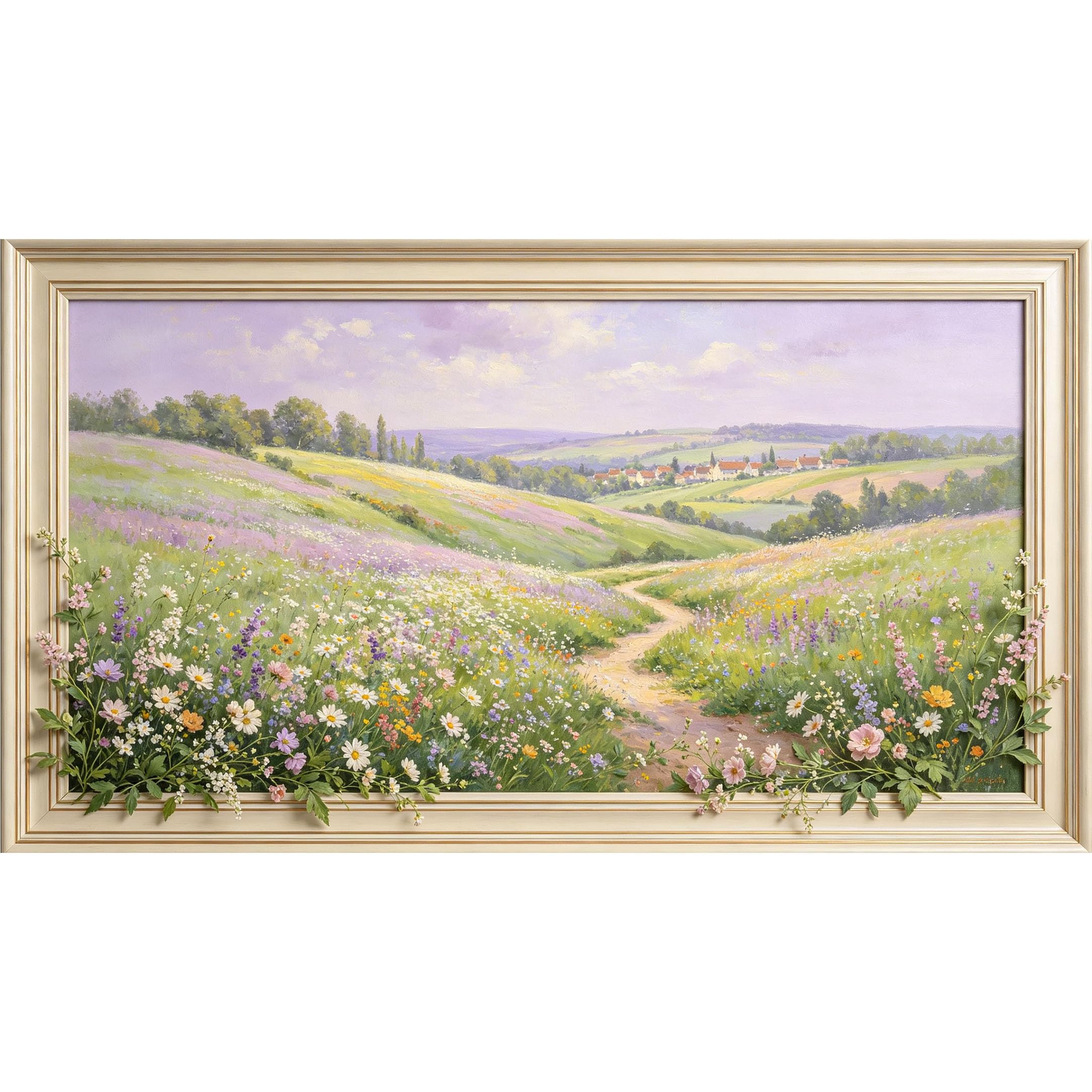 QZLITHOTIC 50x90cm3D Framed Wall Art， Floral Meadow Landscape Self‑Adhesive Mural， Water‑Activated Peel & Stick Fabric Decor Wall Decal for Bedroom Living Room