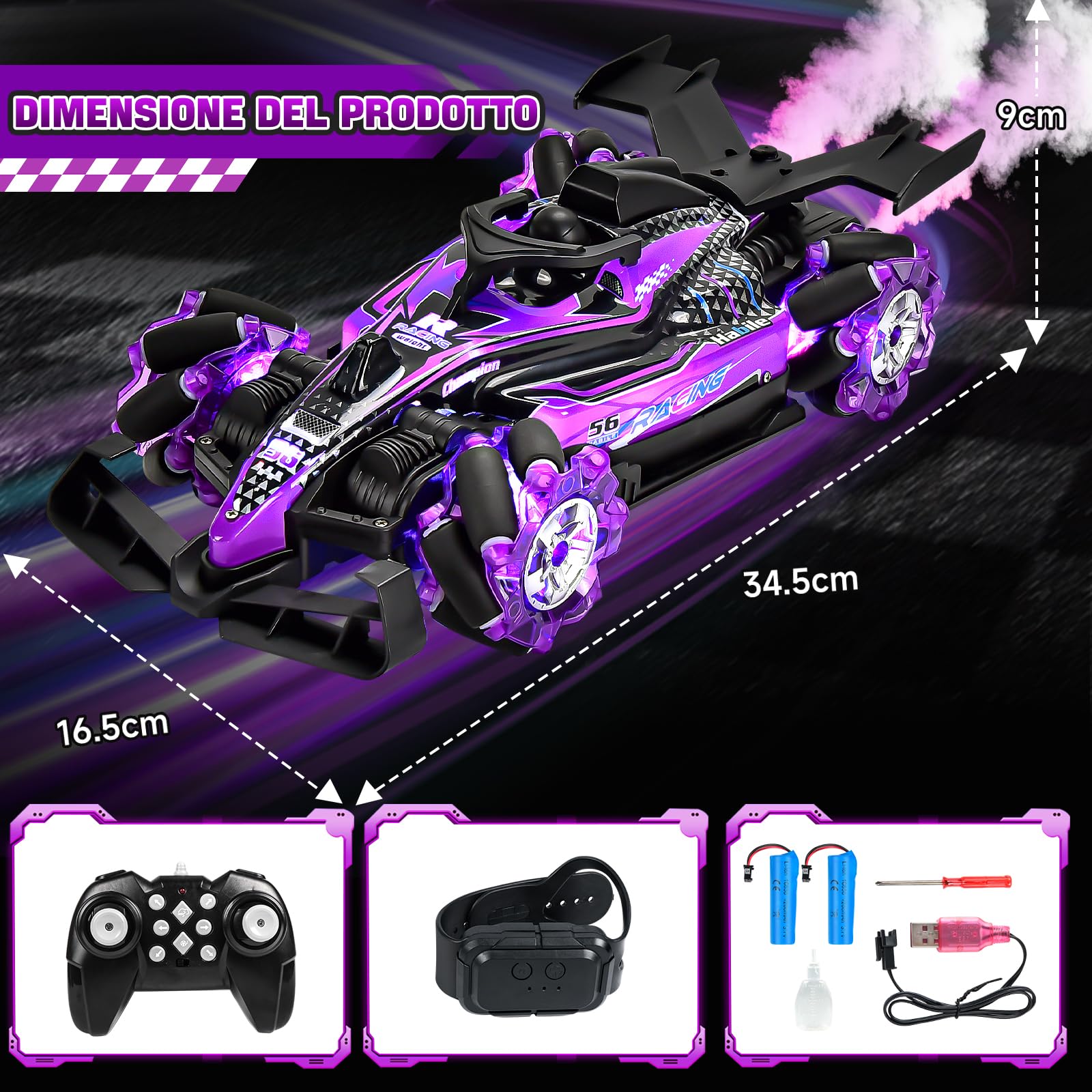 Joellfuner Macchina Telecomandata, Macchina Radiocomandata a 14 Canali a Doppio Getto, RC Car da 25Km/h con Luci e Musica, Regalo per Adulti o bambini di età superiore ai 3 anni (Viola)