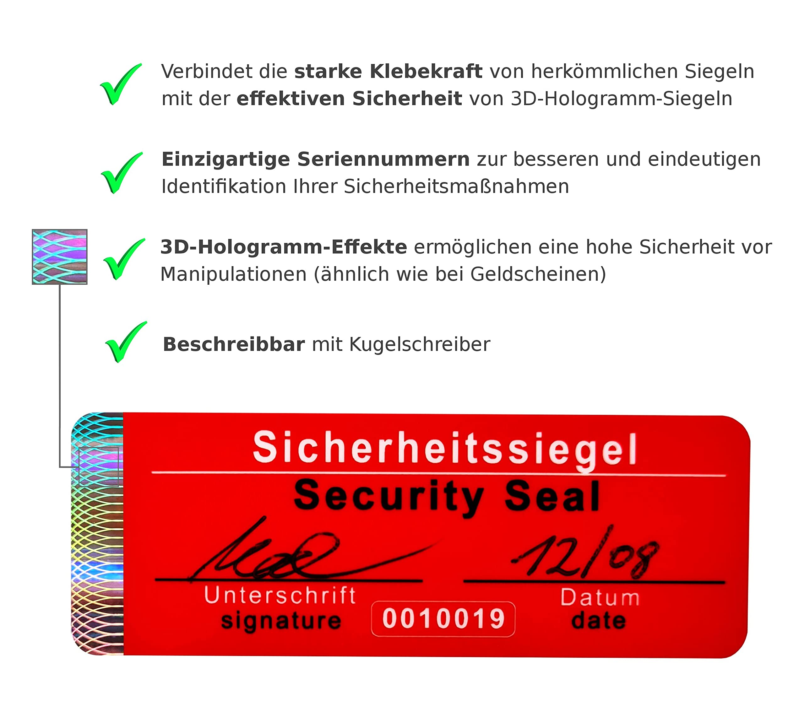 1000 sigilli di sicurezza con numero di serie, 70 x 25 mm, rosso, scrivibili | Sigillo di sicurezza con ologramma, adesivo per sigillo a prova di manomissione, adesivo di sicurezza