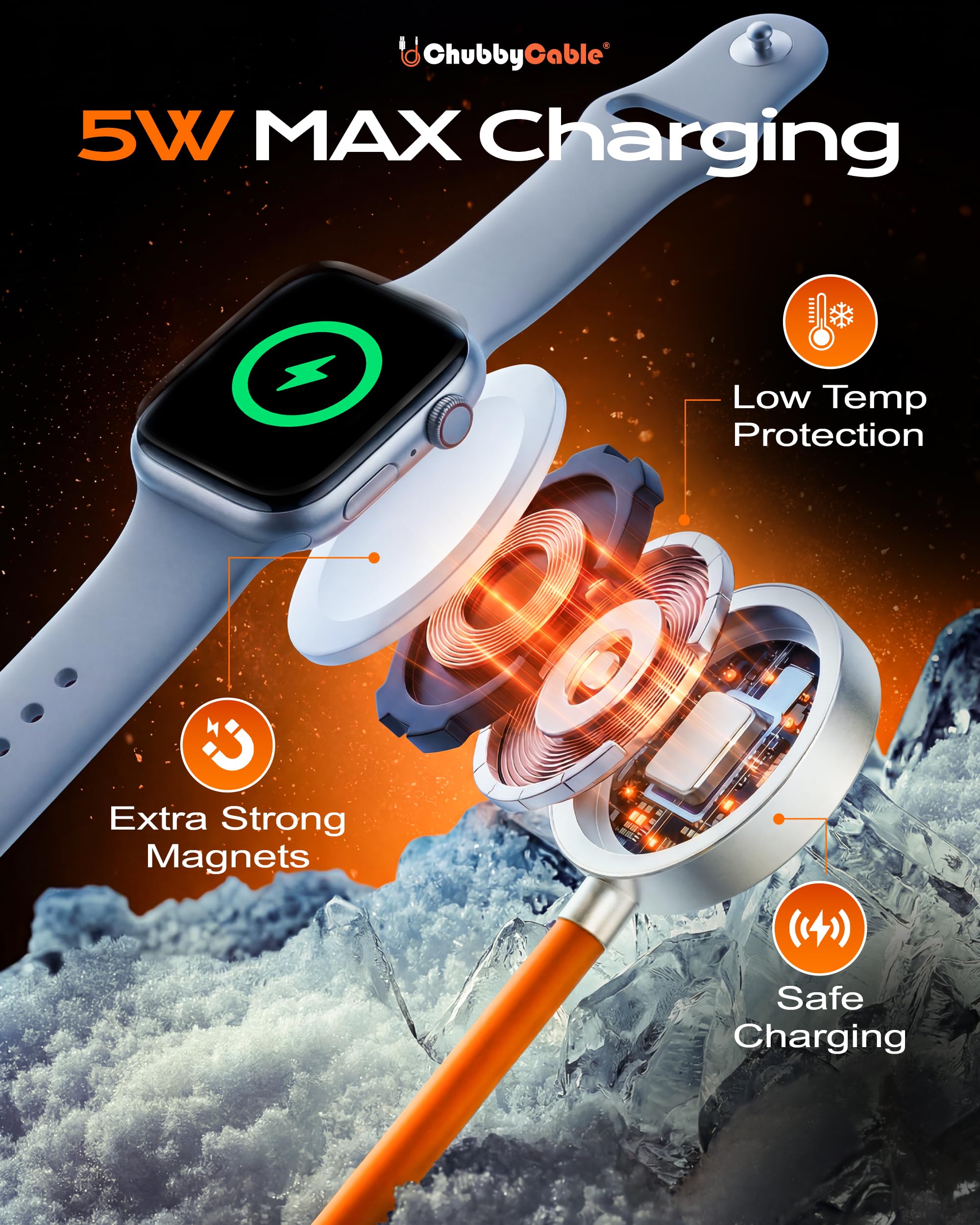 chubbycable 2-in-1 USB-C-Ladekabel für Apple Watch, 40 Minuten, 80 %, Orange, 1,2 m | All-in-One 2-in-1-Kabel mit Apple Watch Ladegerät und 100W USB C Schnellladung, ersetzt mehrere Kabel für Zuhause und Reisen