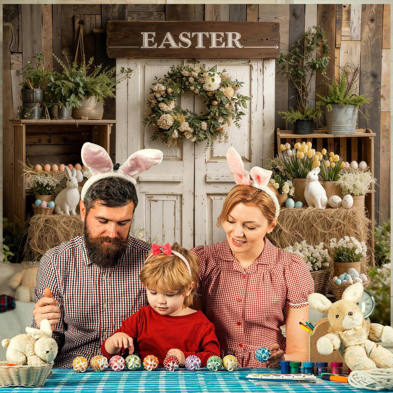 12x10ft Easter Backdrops for Photography Rustic Wooden Wall Flower Greenery Easter Photo Backdrop Props for Photoshoot Spring Birthday Party Baby Shower Decorations Studio Photo Prop