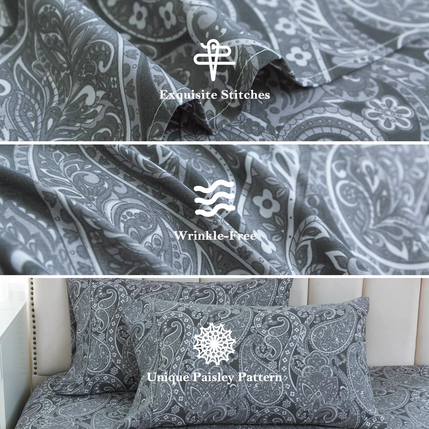 KACEMOO Bed Sheets Queen Size, 4 Piece Gray Paisley Sheets, 17" Deep Pocket Floral Pattern Sheets Queen, Soft Luxury Brushed Microfiber Sheets, Easy Care Breathable Bedding Set