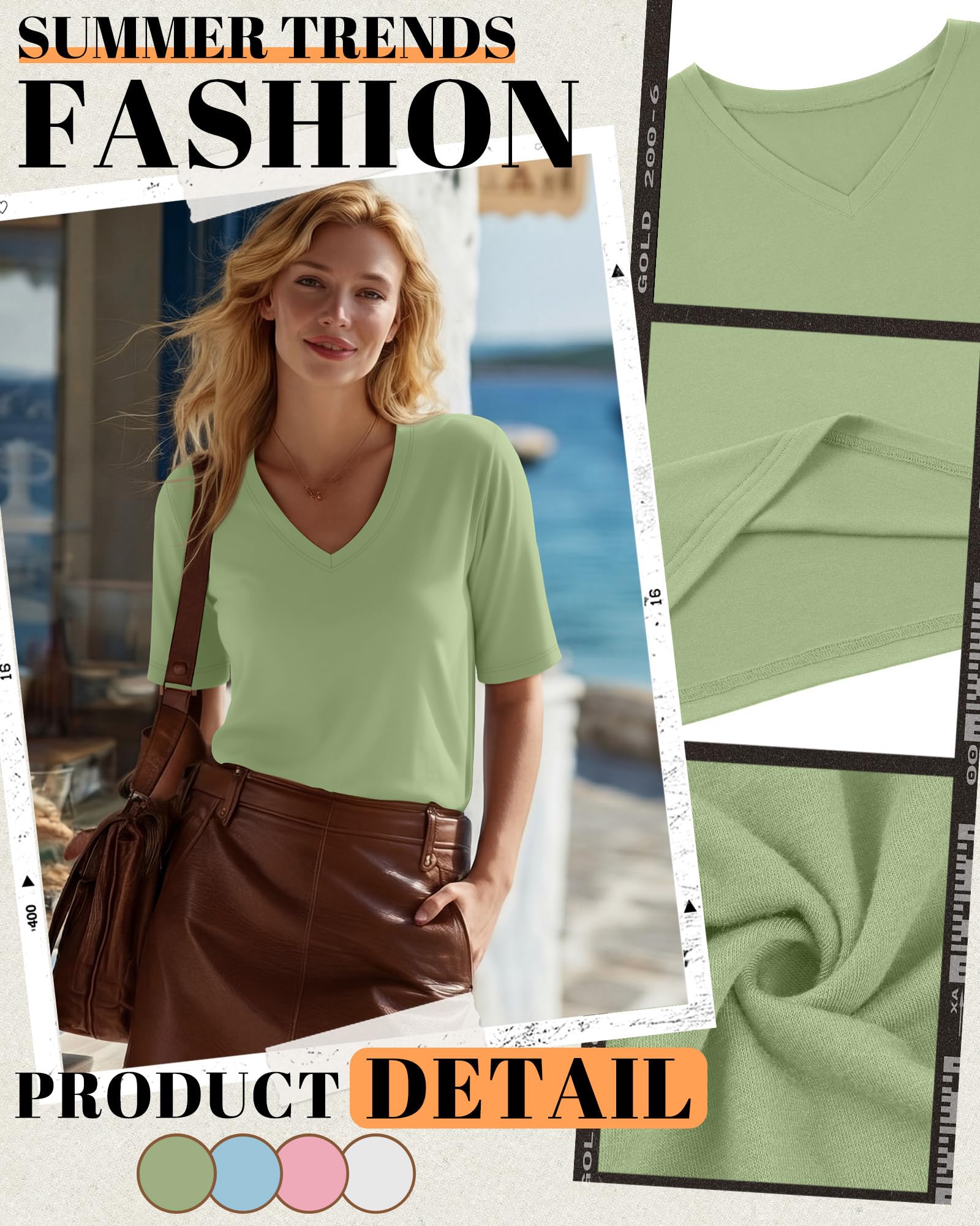 Geyoga Lot de 4 T-Shirts Femme Col V | Manches Mi-Longues, Coupe Décontractée, Ourlet Droit, Tops D'Été, Confortables, Respirants