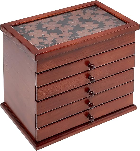 Amazon Basics Large Jewellery Organizer with 6-Layer Case and 5 Drawers, Wooden Storage Box - Brown