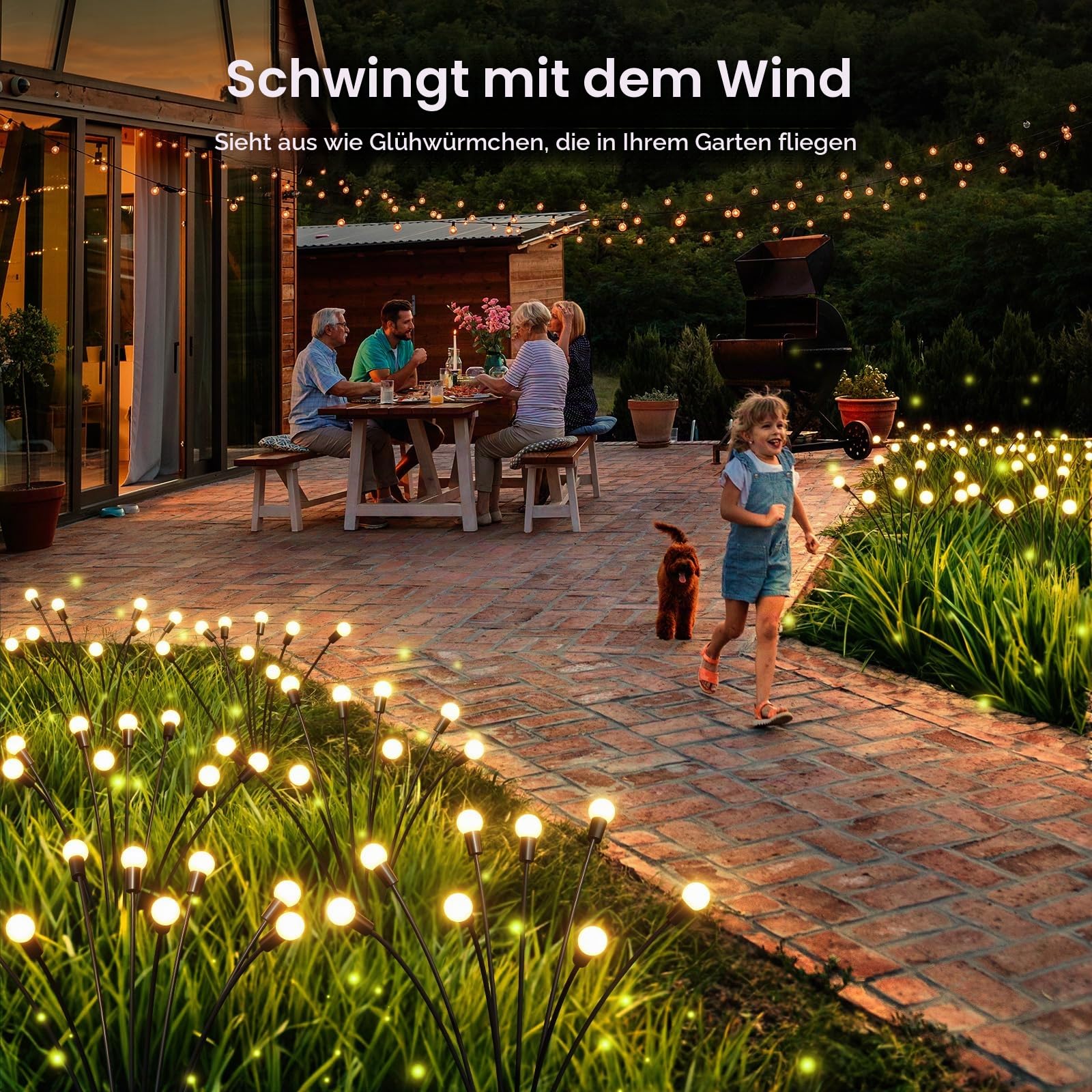 GEARLITE Firefly Solarlampen für Außen Garten 4 Stück, 32LED Superhelle 2 Lichtmodi Glühwürmchen Solarleuchten für Außen mit Warmweißem Licht IP65 Wasserdicht Schwingende Garten-Deko für Pathway Yard