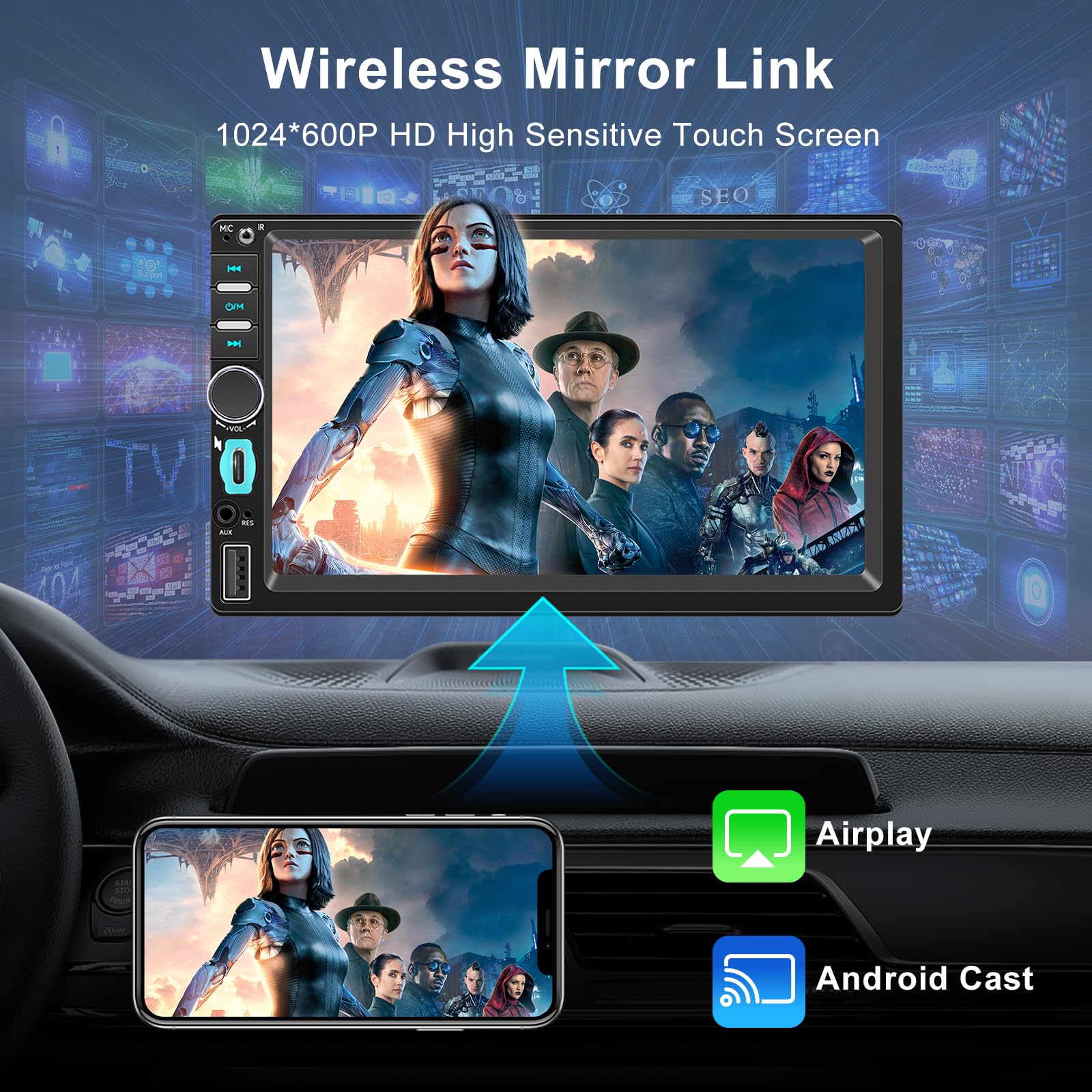 Autoradio 1 DIN avec Écran Tactile HD 7 Pouces, CarPlay sans Fil et Android Auto, Radio Voiture Bluetooth Mains Libres, Mirror Link, Navigation GPS, Contrôle Vocal, FM, Caméra de Recul, USB, Type-C