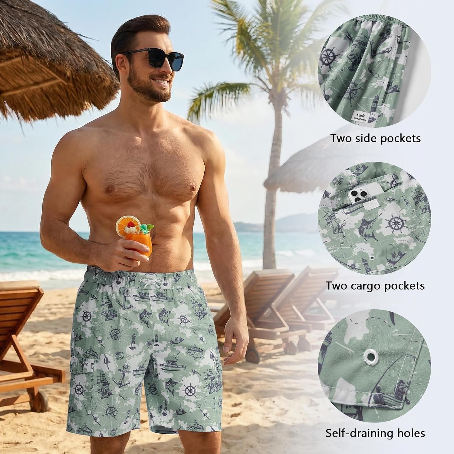 BASSDASH Men's 9" Swim Trunks UPF 50+ Quick Dry Lightweight Beach Board Shorts with Mesh Lining for Fishing & Water Sports
