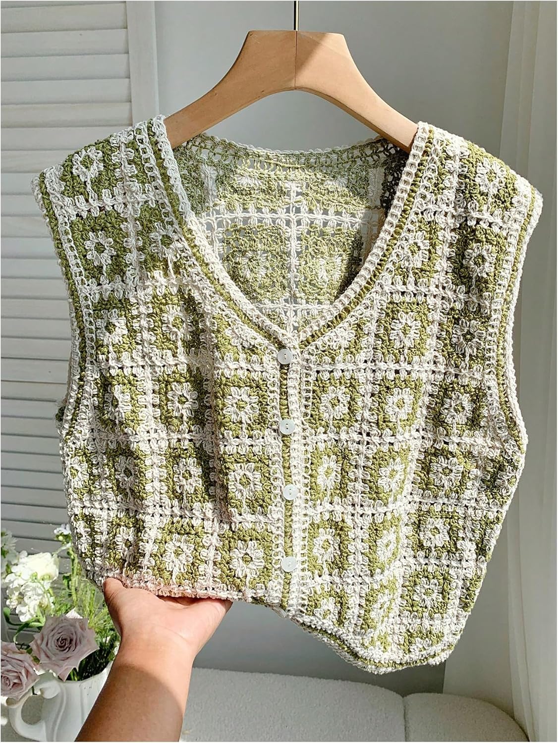 OYOANGLE Women's Boho Floral Knit Sweater Vest Button Up V Neck Hollow Out Crochet Tops - Image 2
