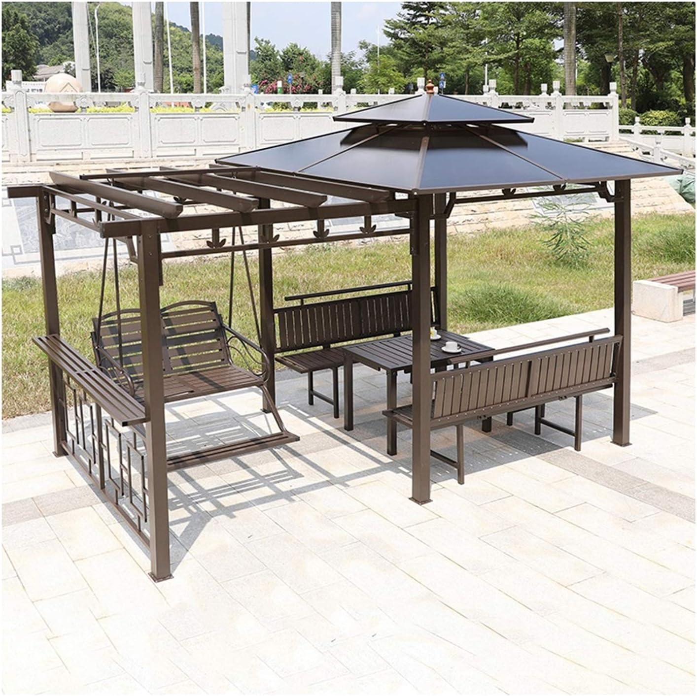 Outdoor Pavilion Patio Gazebo with Swing Chair and Desk