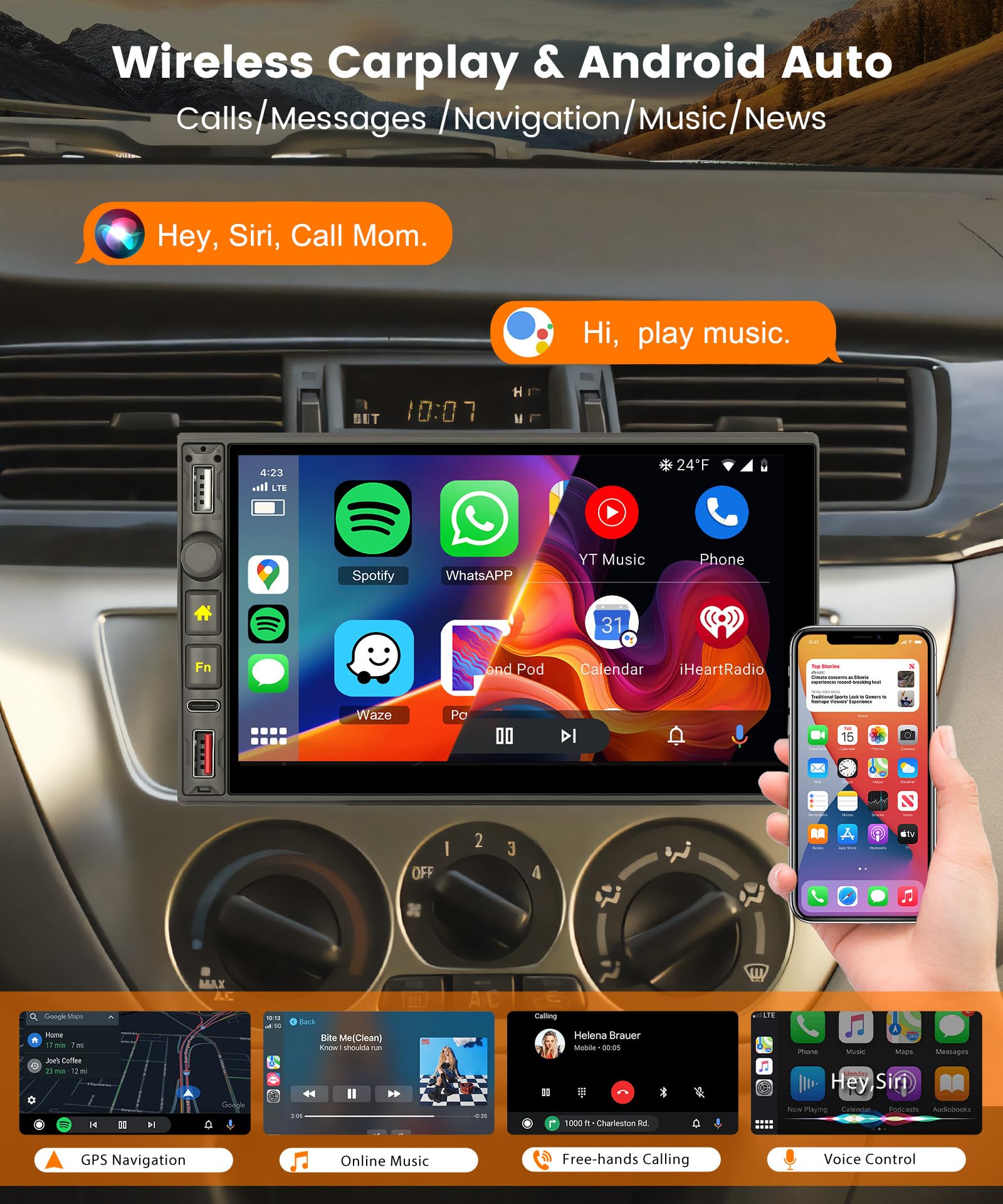 Hodozzy 1 Din Stereo Auto con Wireless CarPlay e Android Auto, Autoradio con Schermo IPS da 7" con USB/USB C/Bluetooth 5.0/Mirror Link/FM/EQ/SWC + Telecamera Posteriore