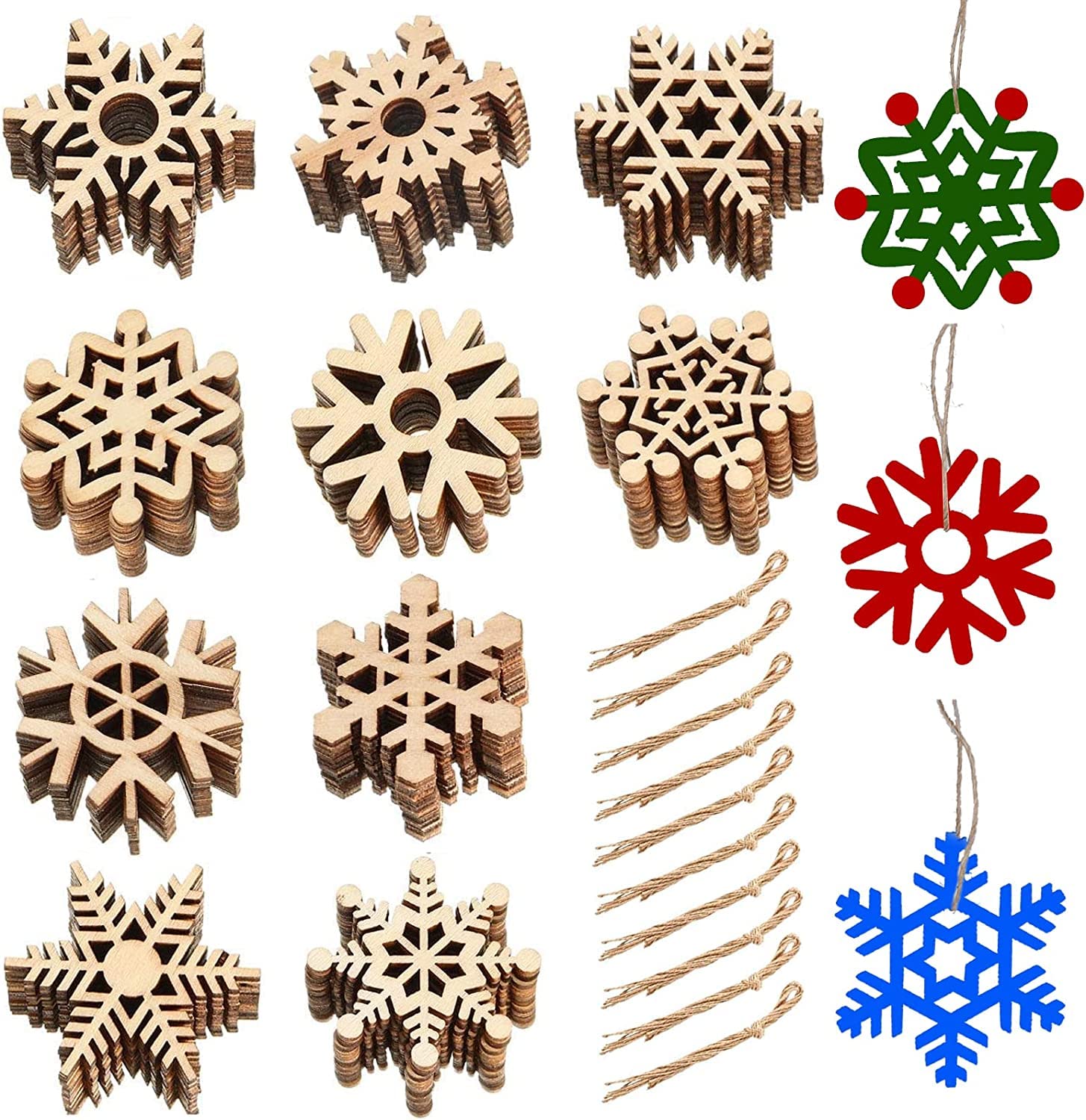 FINDIR 100 Piezas Decoración navideña Copos de Nieve de Madera para Pintar Decoraciones para árboles de Navidad Colgantes Discos de Madera Decoración navideña DIY Decoración navideña para árbol 5cm