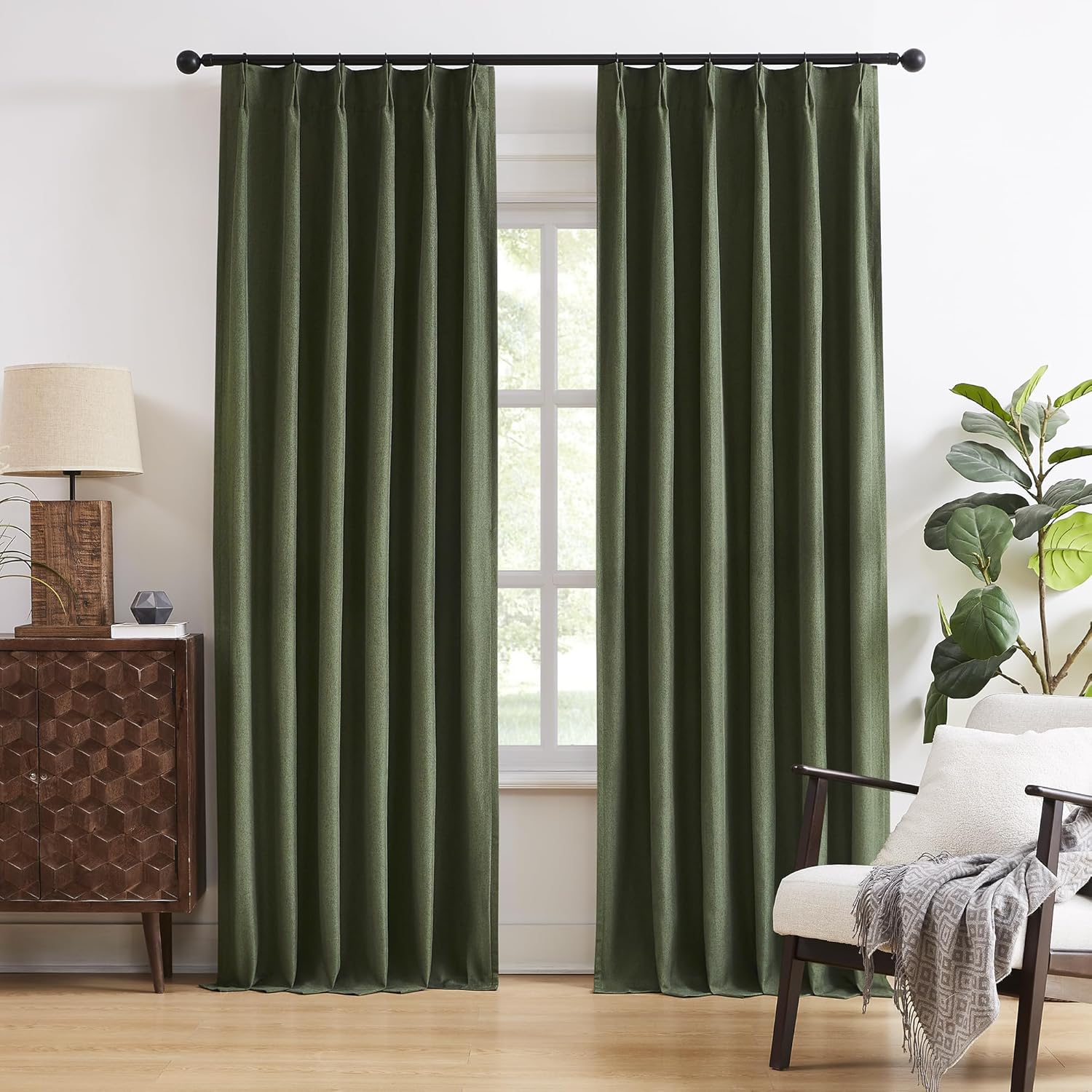 DUALIFE 96 Inch Curtains & Drapes Olive Dark Green 2 Panels,Back Tab Ceiling Viral Pleated Hooks Curtains for Track System,Thermal Boho Curtains for Bedroom Burg Living Room Dining Room,40x96
