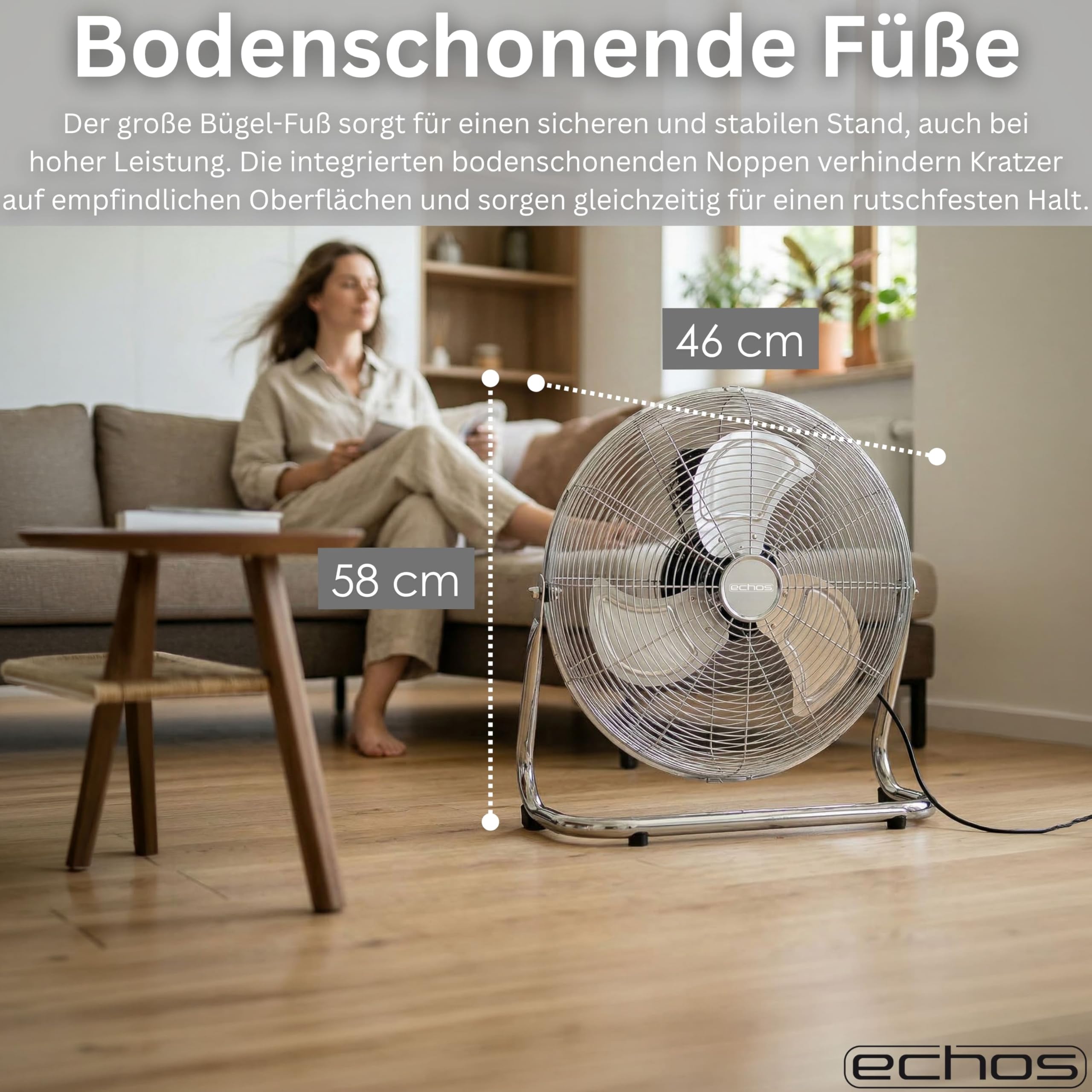 Echos® Bodenventilator Metall 46 cm – 100W Hochleistungs Ventilator leise, 3 Stufen, 90° neigbar, Industrie Ventilator mit starkem Luftstrom 102 m³/min, Standventilator für Werkstatt, Büro & Zuhause