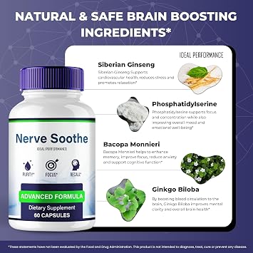 Nerve Soothe Capsules, Official NerveSoothe Brain Health Supplement Pills - Extra Strength, Advanced Nootropic Pills Support, All Natural Nerve Soothe Cognitive Health & Function Reviews (3 Pack)