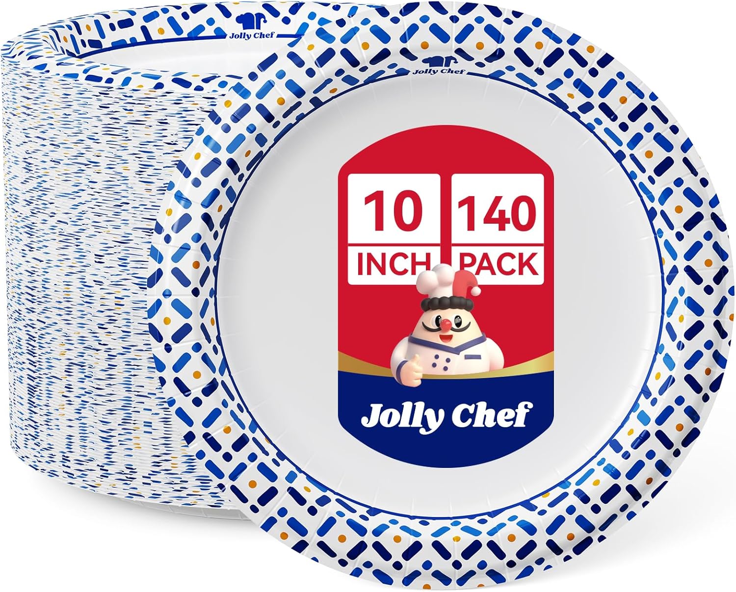 JOLLY CHEF 10 Inch Paper Plates 140 Count, Soak-Proof, Cut Proof, Disposable Heavy Duty Plates for Picnic, Family Gatherings, Parties 140 Count (Pack of 1,10 Inch)