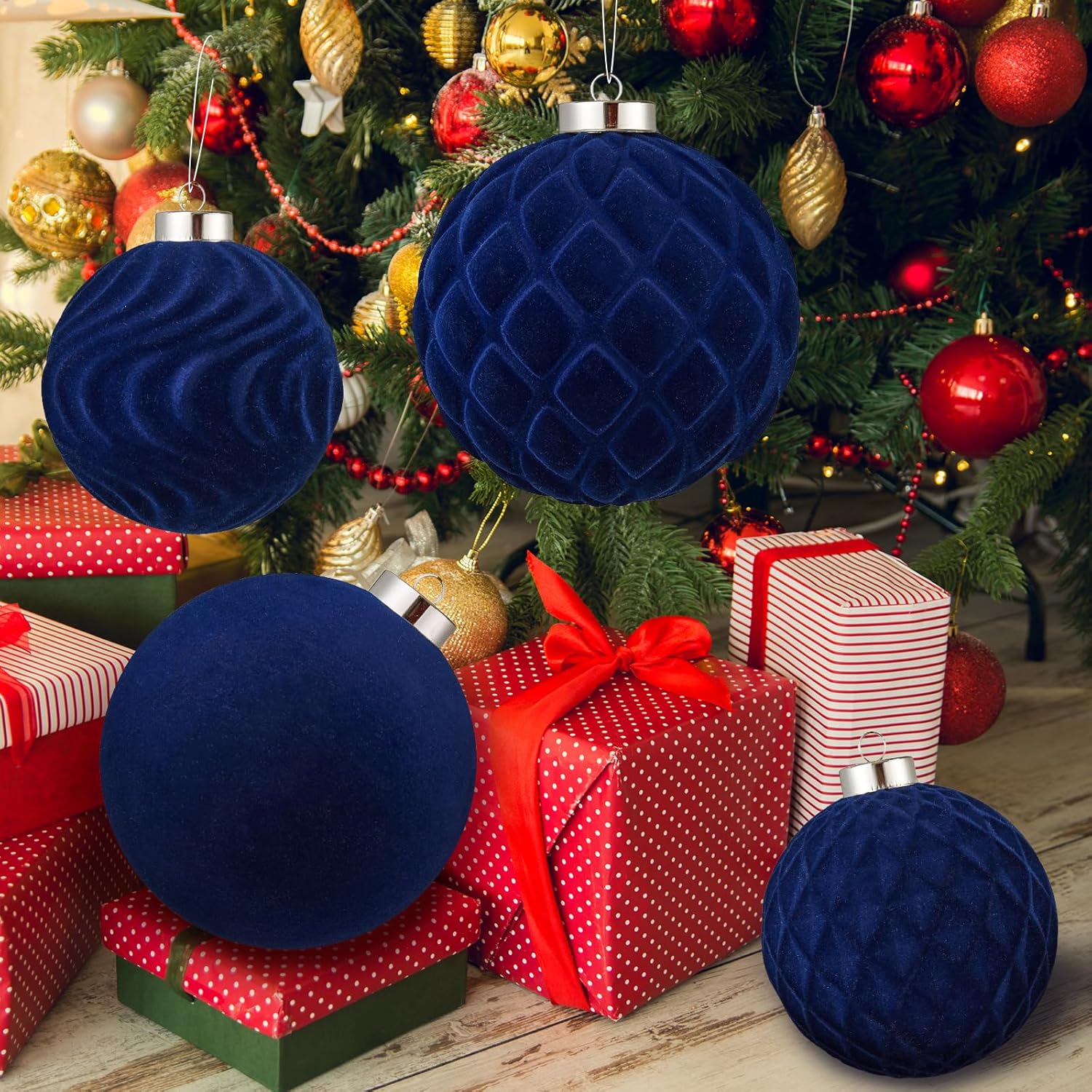 Large Velvet Christmas Ball Ornaments - 6 Inch Flocked Christmas Balls Shatterproof Decorative Hanging Ornaments Set for Xmas Tree Holiday Wedding Party Decor (Blue, 2pcs)