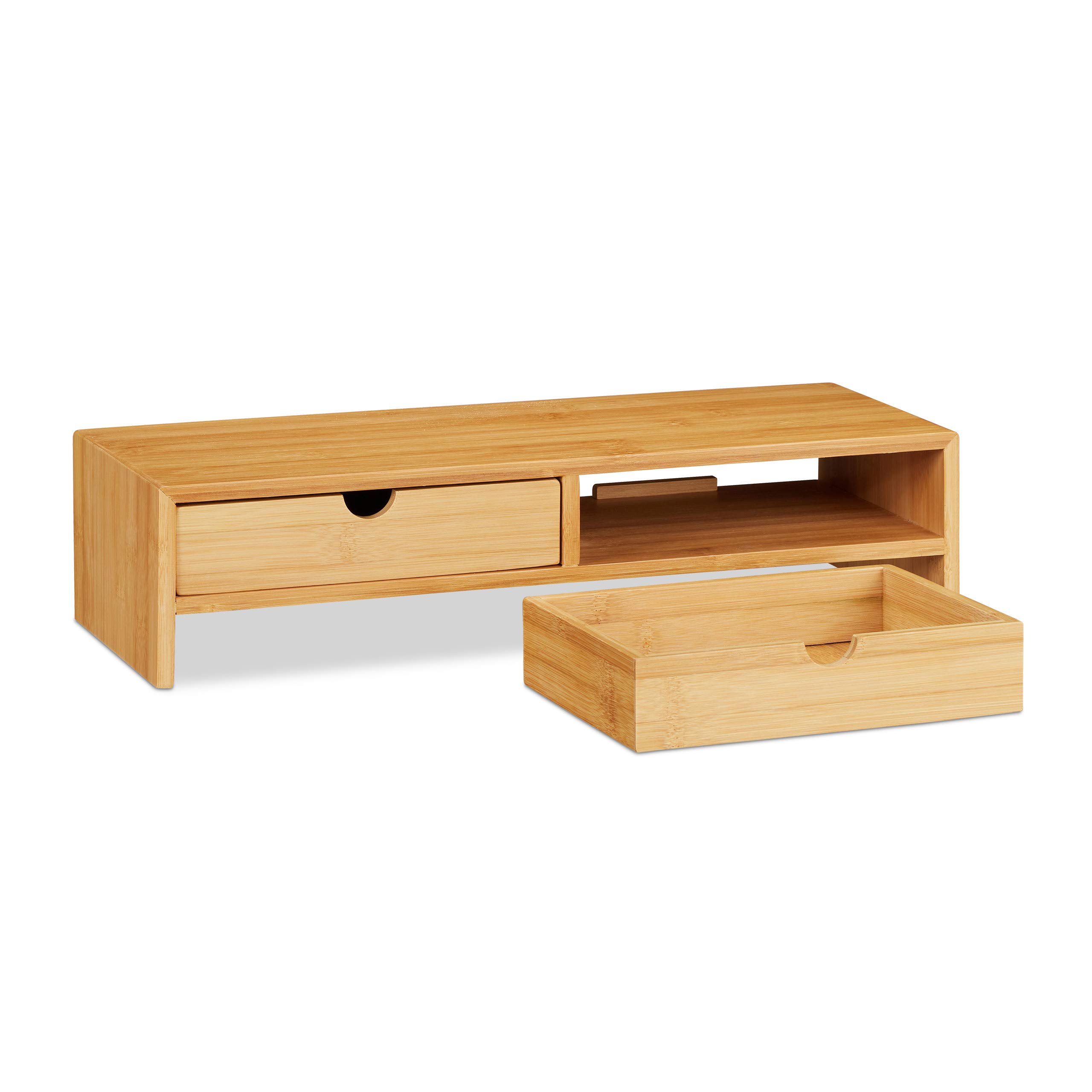 Relaxdays Tavolino per PC in bambù, Rialzo per Monitor con 2 Tiretti, da Scrivania, HLP 11,5 x 47 x 18 cm, Color Legno