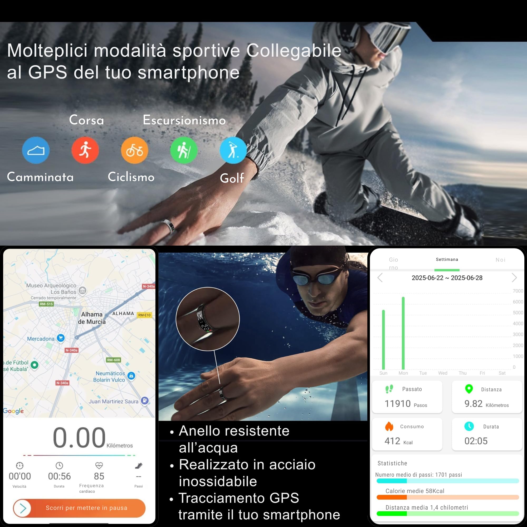 smartia – Anello intelligente con schermo touch, modello 2026 APP inclusa, Ring uomo e donna, anello attività fitness e controllo della salute, monitoraggio del sonno (Oro, 10)