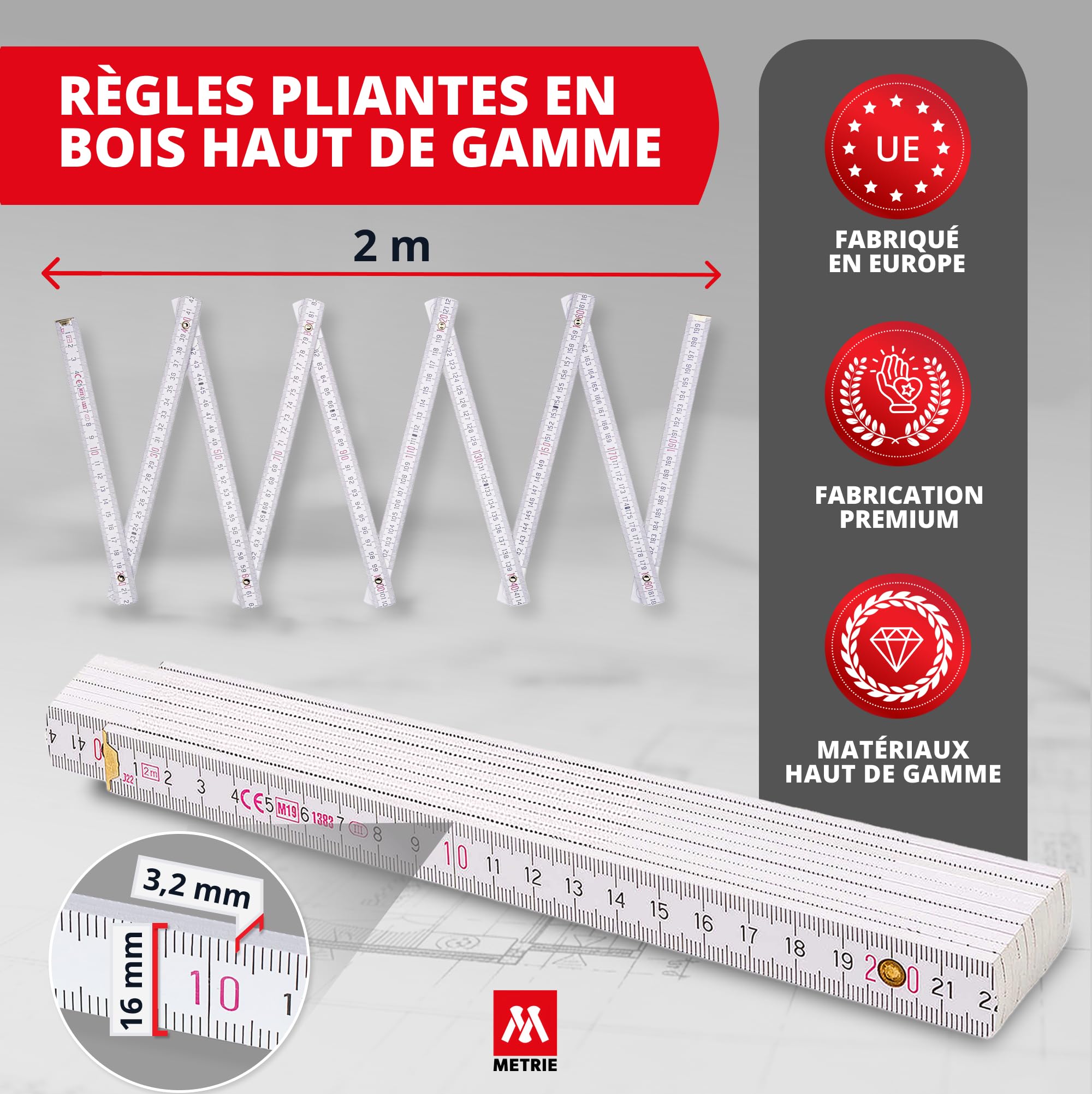 Metrie™ Mètres pliants – Mètres en bois 2 m | Mètres – BLANC – Échelle duplex, Fabriqués dans l’UE | Robustes et précis | pour Artisans et Bricoleurs | BLOCK 72 – 10 pièce