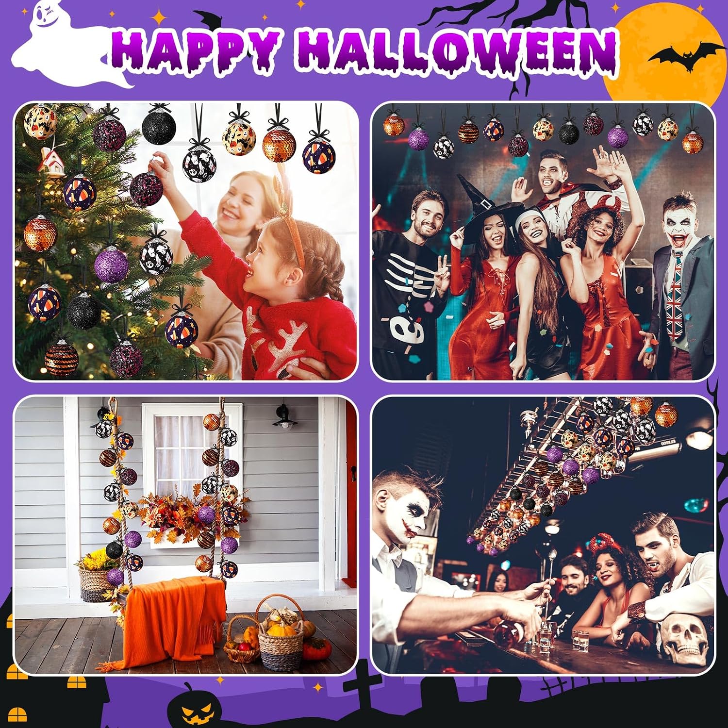 MiniInflat 24 Pcs Halloween Ball Ornaments for Tree 2 Inch Halloween Tree Decorations Pumpkin Ghost Bat Spider Glitter Ornaments with Sequins for Party Indoor Outdoor Decor Spooky Style Decor
