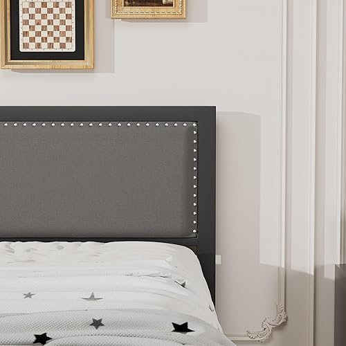 Miniatura 5 de VECELO Base de cama tamaño individual con cabecera tapizada, plataforma resistente con listones de acero fuertes, no necesita somier, fácil montaje,