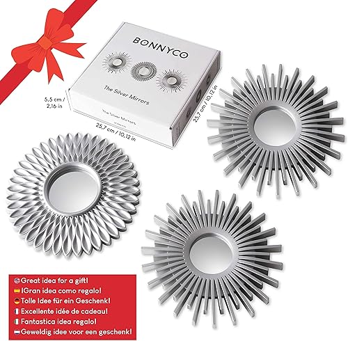 Miniatura 7 de BONNYCO Espejos decorativos de pared, paquete de 3 espejos redondos plateados para decoración del hogar, dormitorio y habitación. Espejos