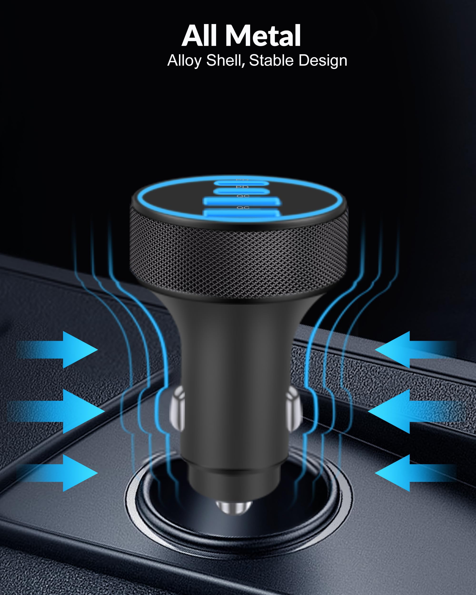 [4 in 1] USB C Car Charger, 4-Port 90W Super Fast Charging Cigarette Lighter Adapter, Dual 45W USBC & USB-A Multiport Car Phone Charger Accessories for iPhone 16e 16 15 14 13 12, iPad, Samsung Tablet