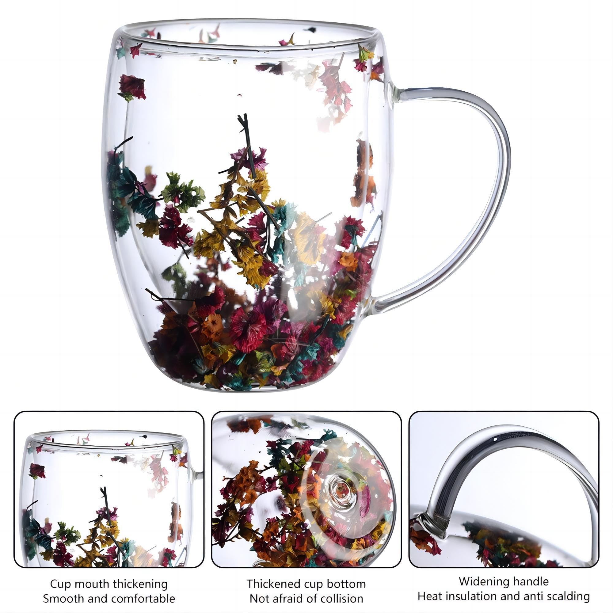 Hoquare Dry Flowers Double Walled Coffee Mugs Insulated Thermal Coffe Glasses Large Tea Cups Clear Glass Cups for Latte Cappuccino Macchiato Hot or Cold Drinks (350ML-light Color) - Image 2
