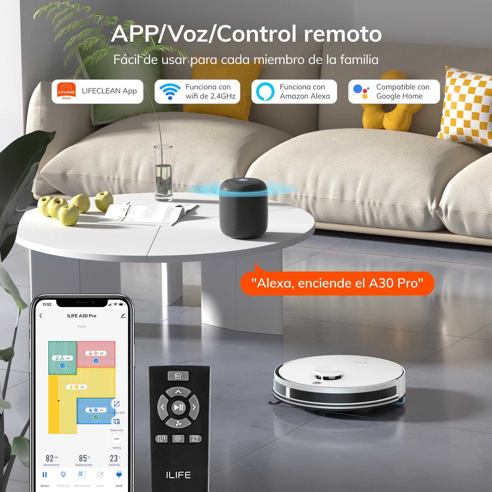 ILIFE A30 Pro Aspiradora y Trapeador, Estación de Autovaciado para 60 Días, Succión 5000Pa, Navegación LiDAR, WiFi 2.4G/App | Succión 5000Pa, Navegación LiDAR, WiFi 2.4G/App/Alexa/Control Remoto, Cepillo Rodillo para Alfombras y Suelos Duros