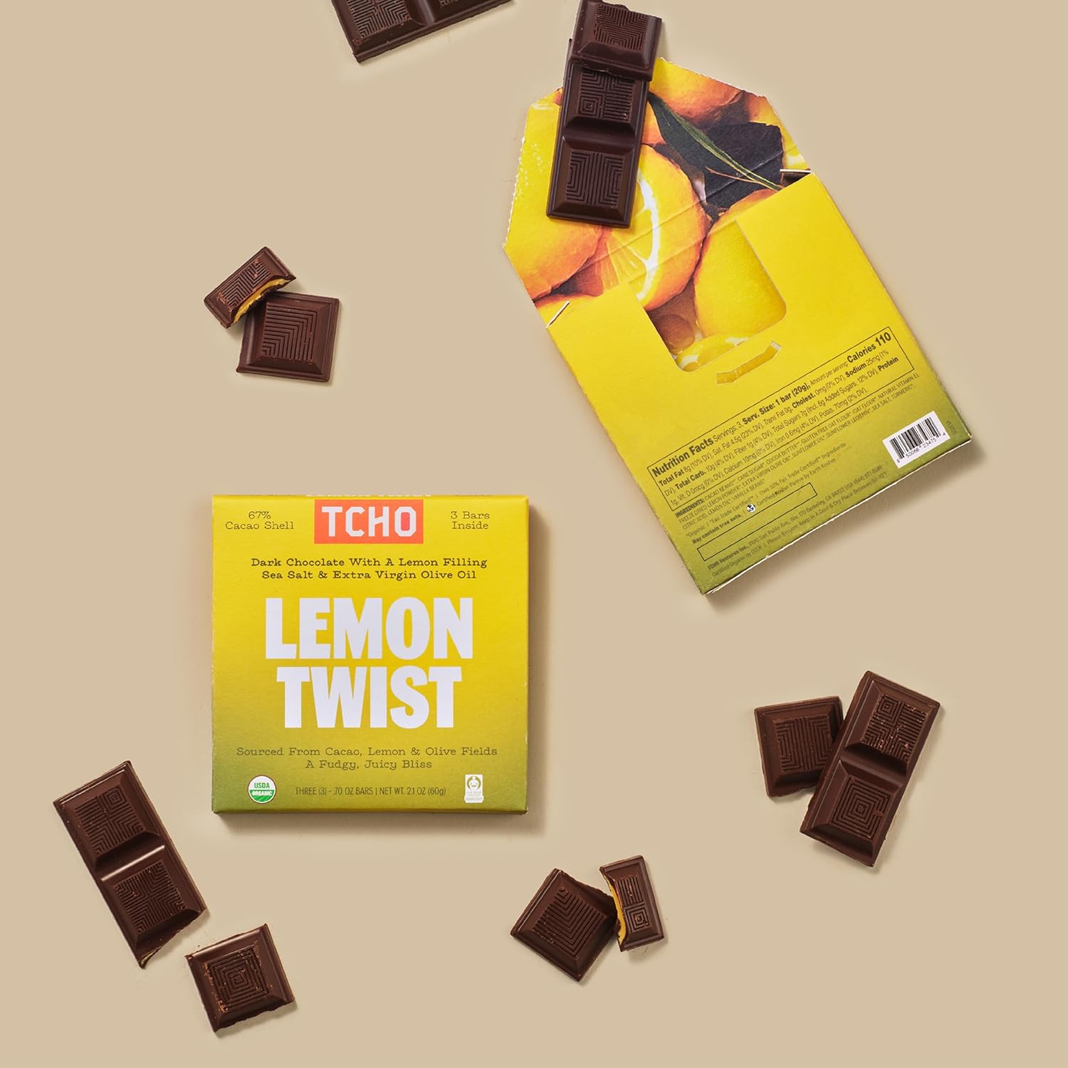 TCHO Lemon Twist Chocolate Bar (5 Pack) | 67% Dark Chocolate Shell with Lemon & Oat-Milk White Chocolate Filling | Plant-Based Organic & Fair Trade | Non GMO, Non-Dairy, Vegan, Soy Free (2.1oz each)