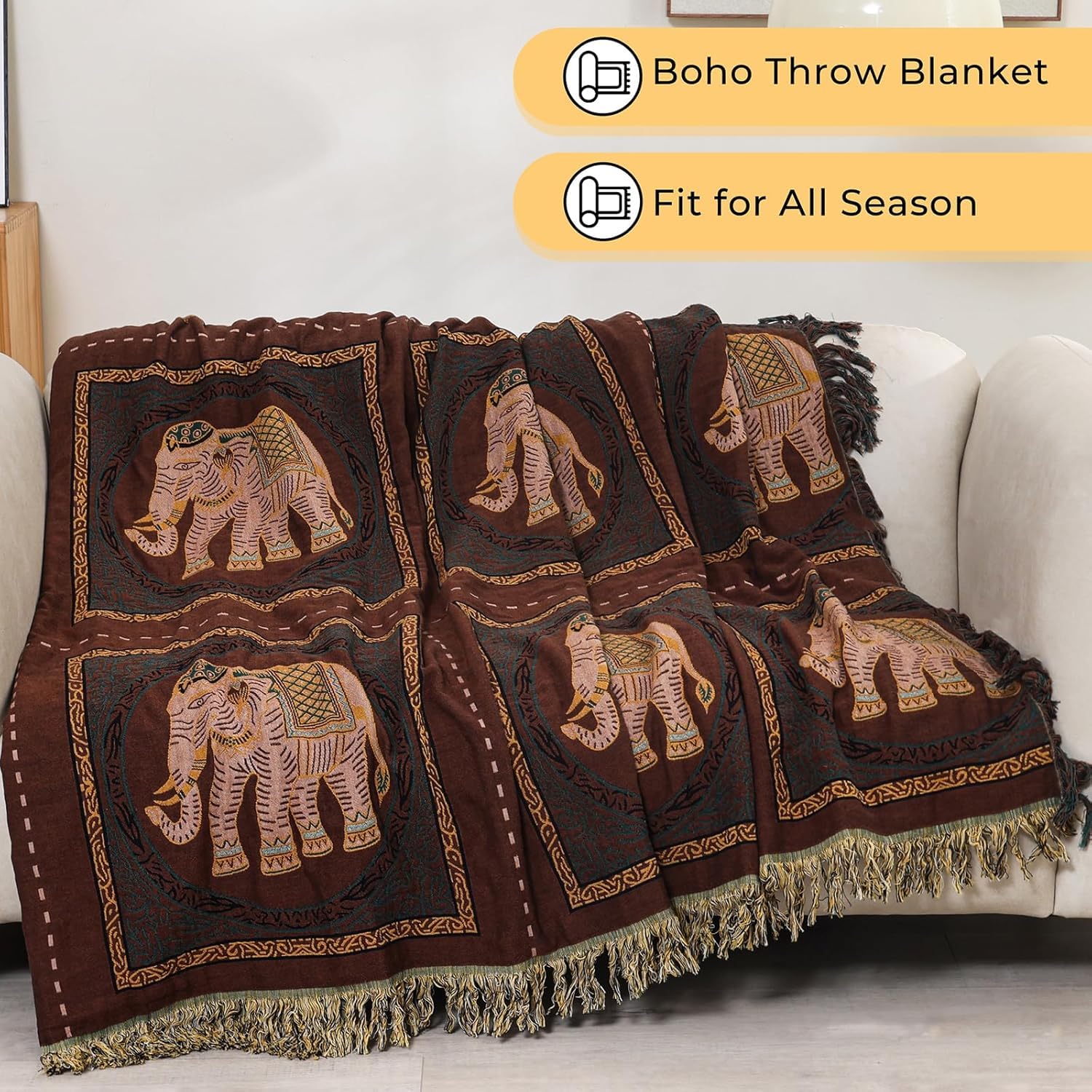 HOORDRY oho Throw Blanket for Bed with Tassels,100% Cotton Ultra Soft Cozy Large Blanket Elephant Farmhouse Decor Bed Jacquard Bedspread,All Season Rustic Throw for Sofa Couch Chair-Brown,150x200CM - Image 4