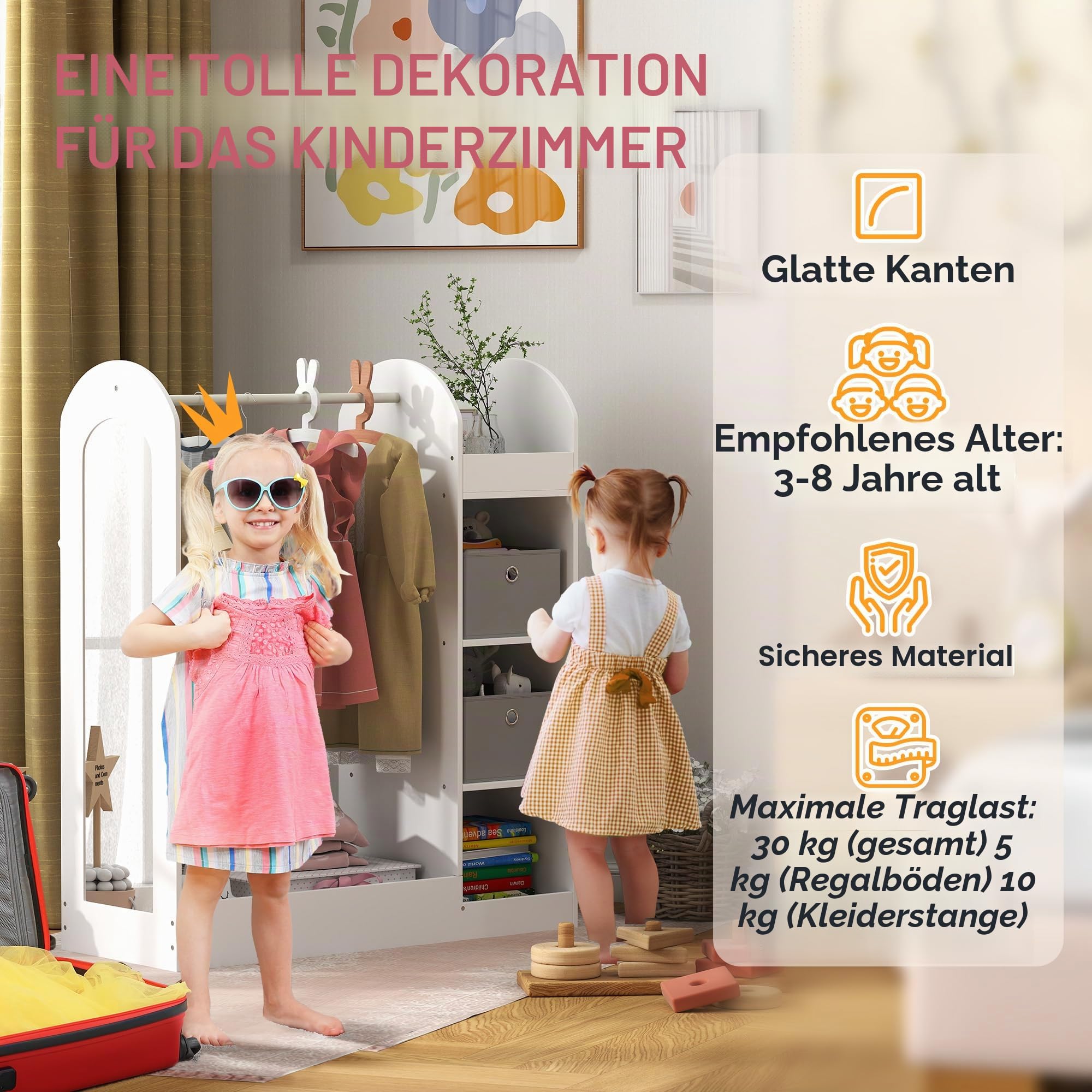 AIYAPLAY Kleiderstange für Kinder, mit Aufbewahrungsregal, Boxen, Spiegel, Kinderschrank für Schlafzimmer, Kinderzimmer, Weiß