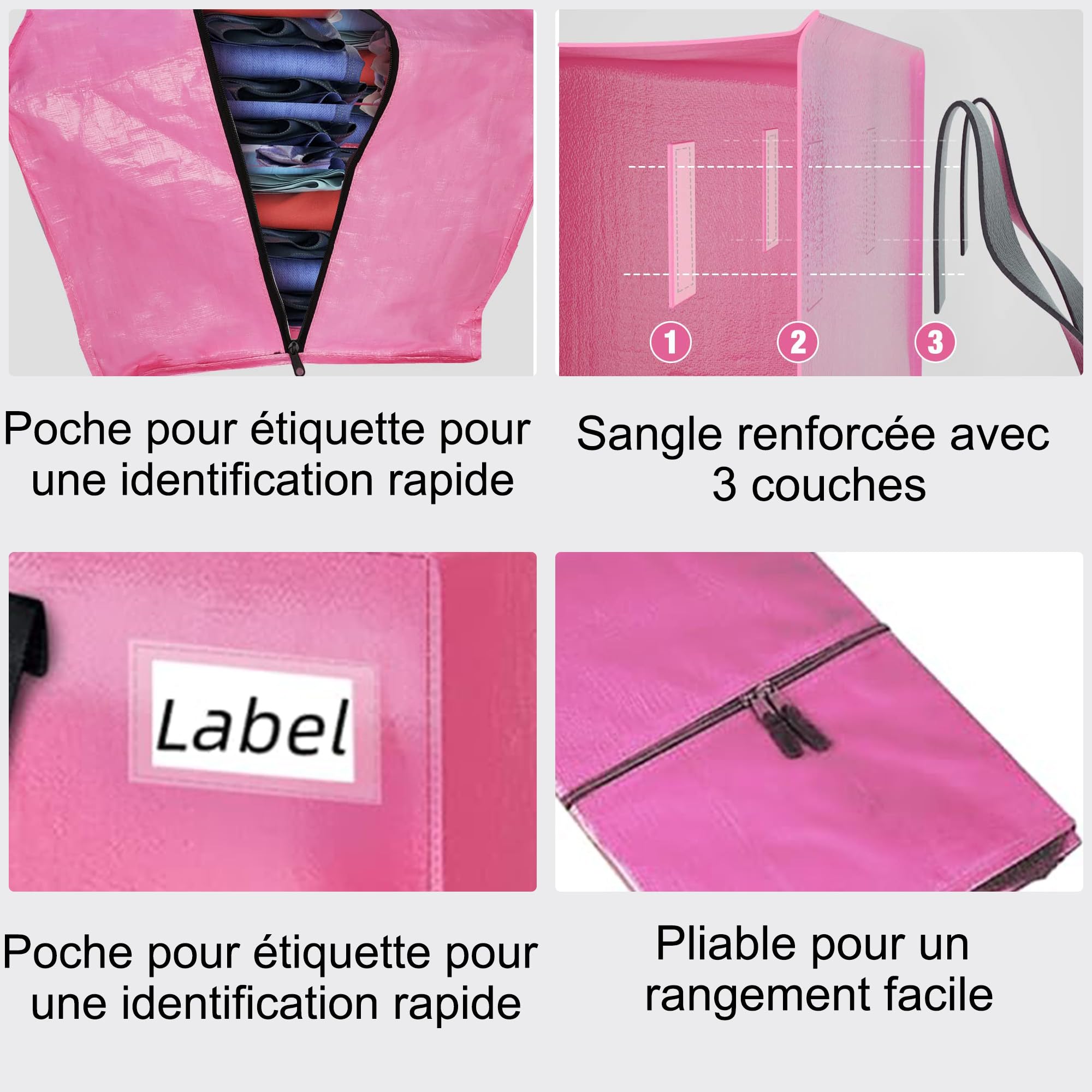 FUSHITON Sachets de Déménagement Rose 6 Pièces, Extra Large 83L Sacs de Rangement avec Fermeture Éclair & Poignées Renforcées, Sacs Pliables pour Déménagement, Vêtements, Literie