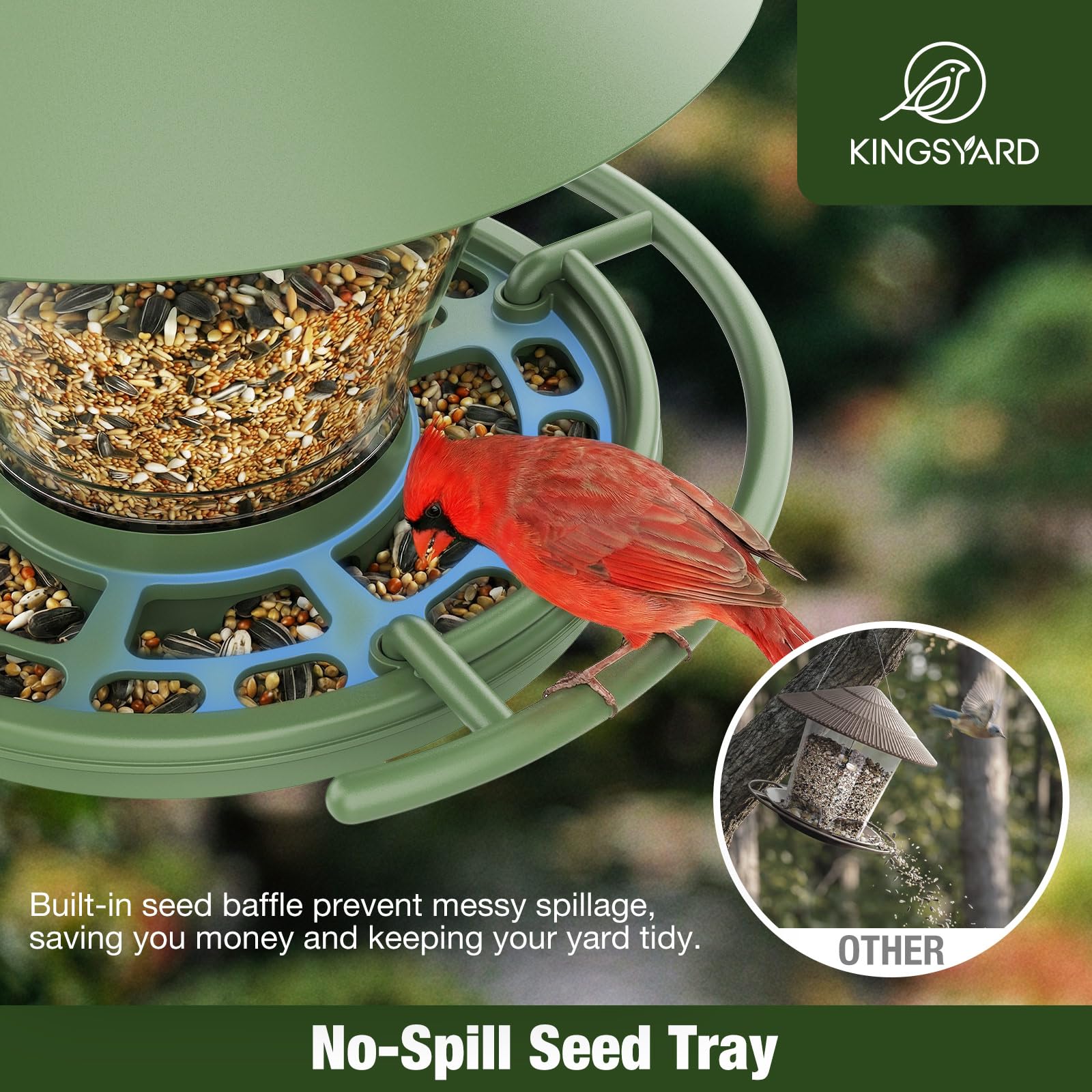 Kingsyard Wild Bird Feeder for Outdoors Hanging, No-Waste Tray with Seed Guard & Circular Perch, Garden Yard for Cardinal Finch, 4 lb Large Capacity, Green - 5