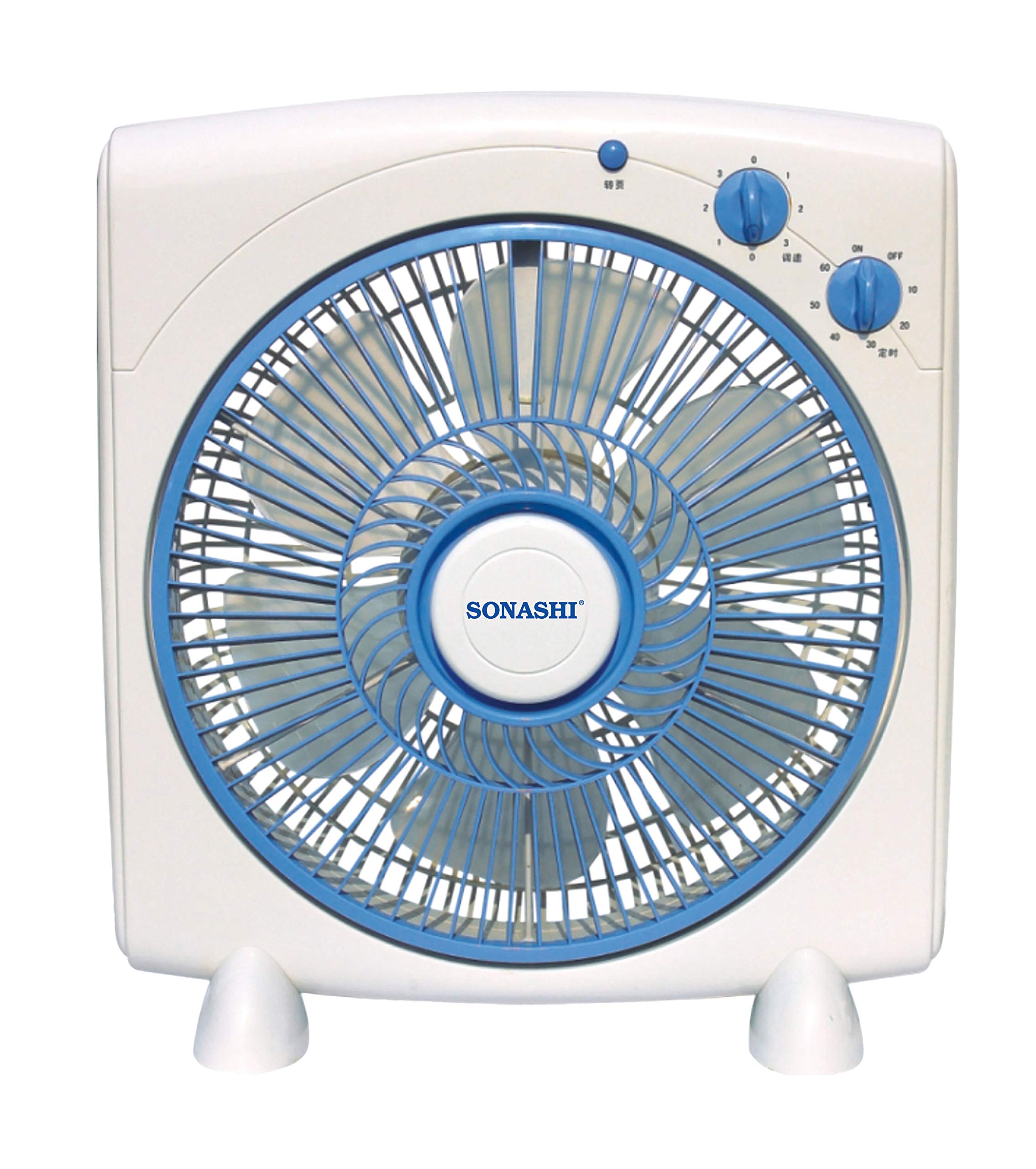 Sonashi Box Fan 12 Inch with 3 Speeds Low/Medium/High, Personal Desk Fan with Rotating Front Louver and Protection Grill, Table Fan for Office/Home 50W SBF-7031 Blue/White
