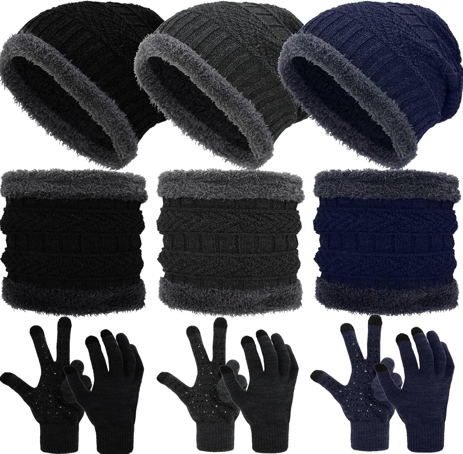 9 pcs Mens Winter Beanie Hat Scarf Gloves Set Touch Screen Gloves Fleece Lined Neck Warmer Neck Skull Cap 3-in-1 for Men