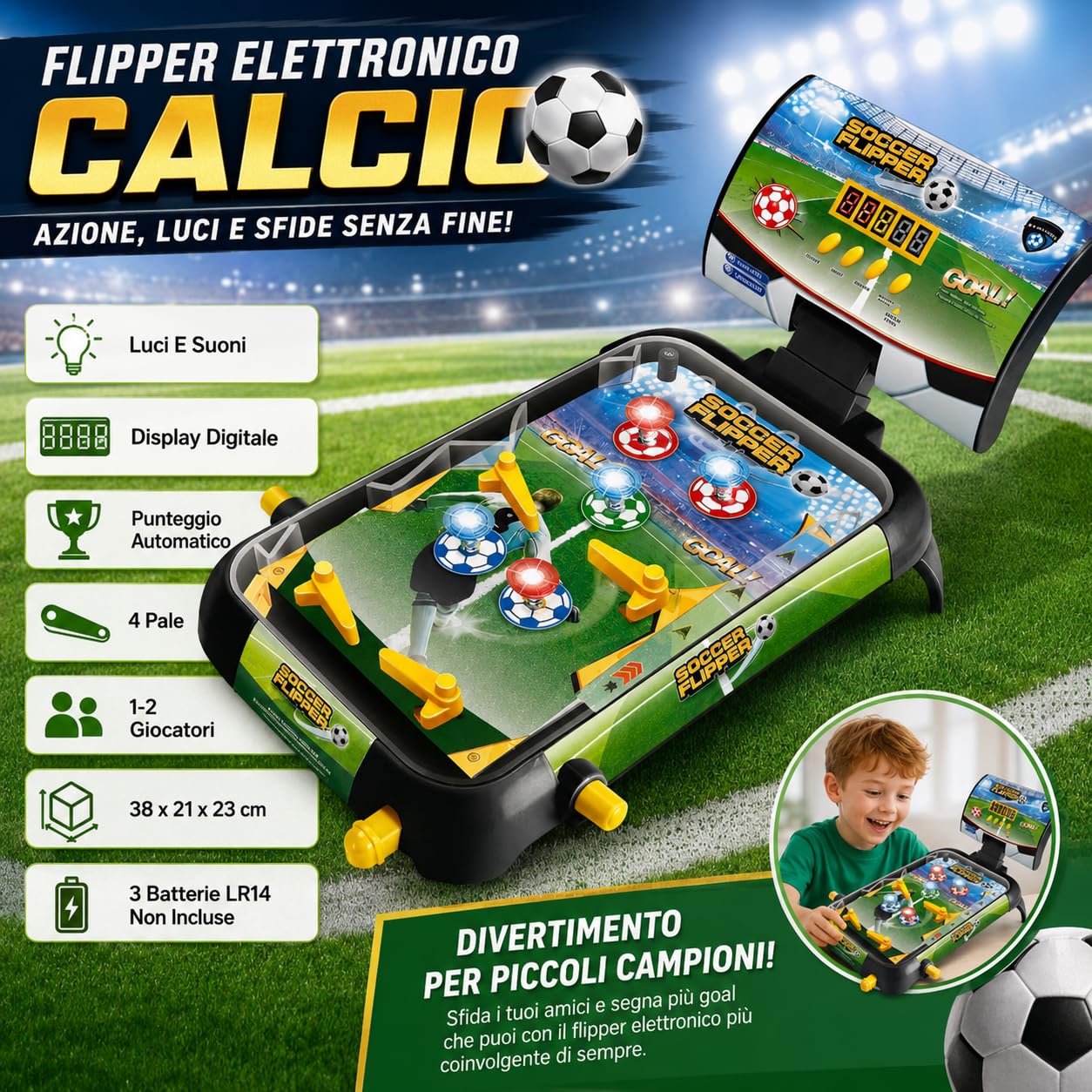 Flipper Elettronico con Effetti Luminosi e Sonori Flipper Elettronico Luci e Suoni Display Digitale Punteggio Automatico Flippers 4 Pale Soccer Footbal Bambini con Musica Pinball Gioco Arcade