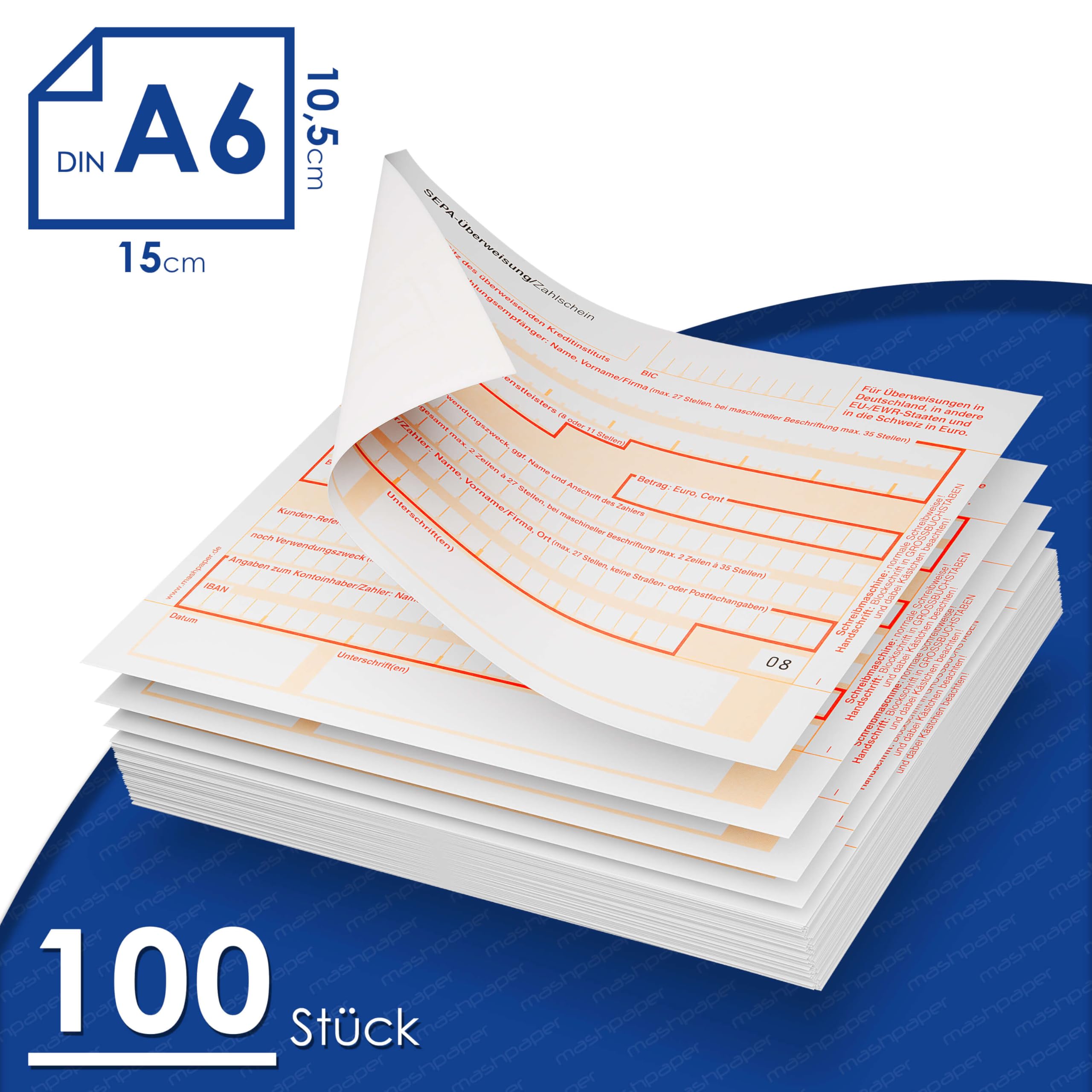 SEPA Überweisungsformular Zahlschein - 100 Stück Überweisungsträger 2-fach | Selbstdurchschreibender Überweisungsschein, DIN A6, 15 cm x 4 1/6 Zoll, ohne IBAN Vorbelegung, international nutzbar, 326211