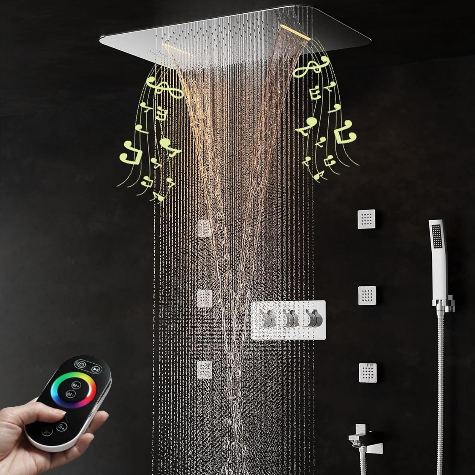 Colonna Doccia Cromo Incassato Sistema Doccia Musicale 64 Colori LED Set, Multifunzionale Set doccia, 55x38cm sistemi doccia a pioggia a spruzzo, 6pcs getti spa per bagno, Doccia a Mano