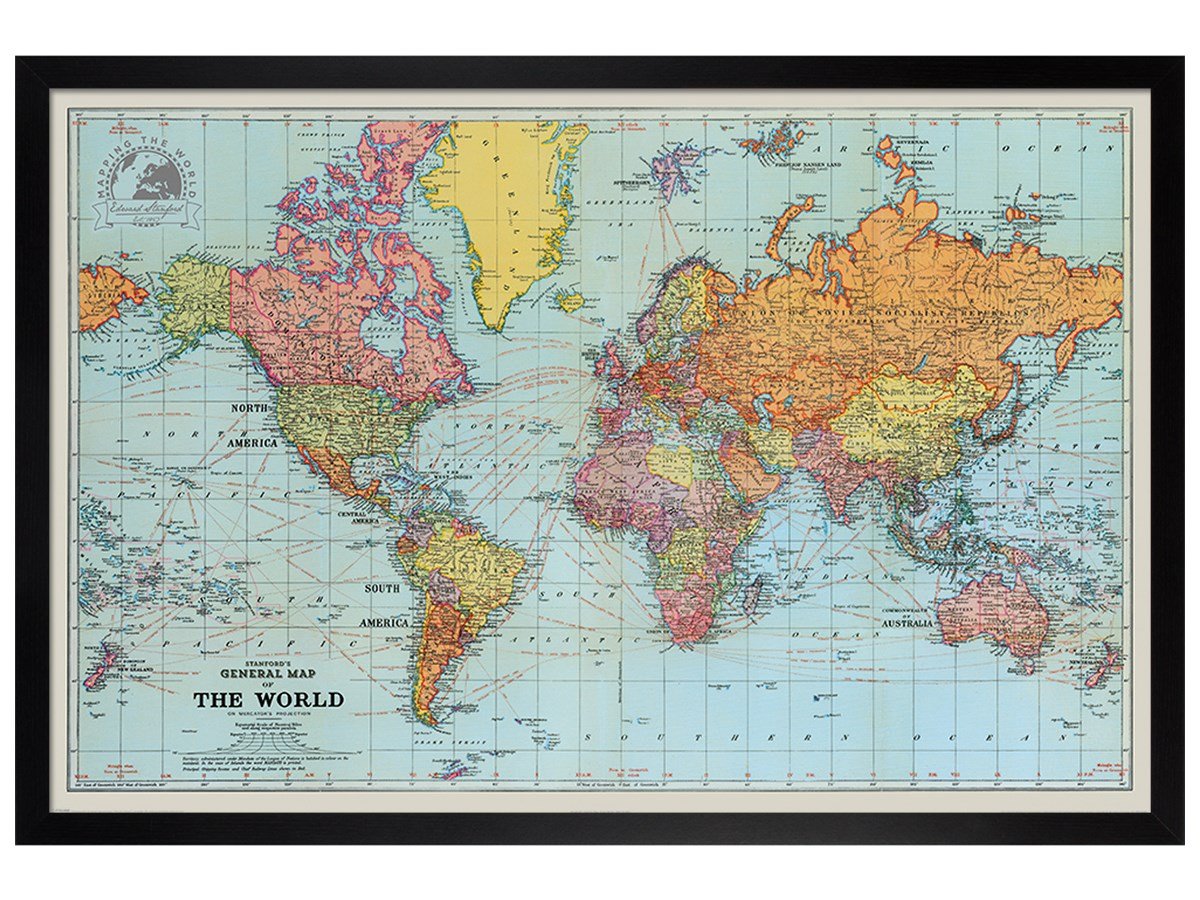 Black Wooden Framed Stanfords General Map Of The World Colour
